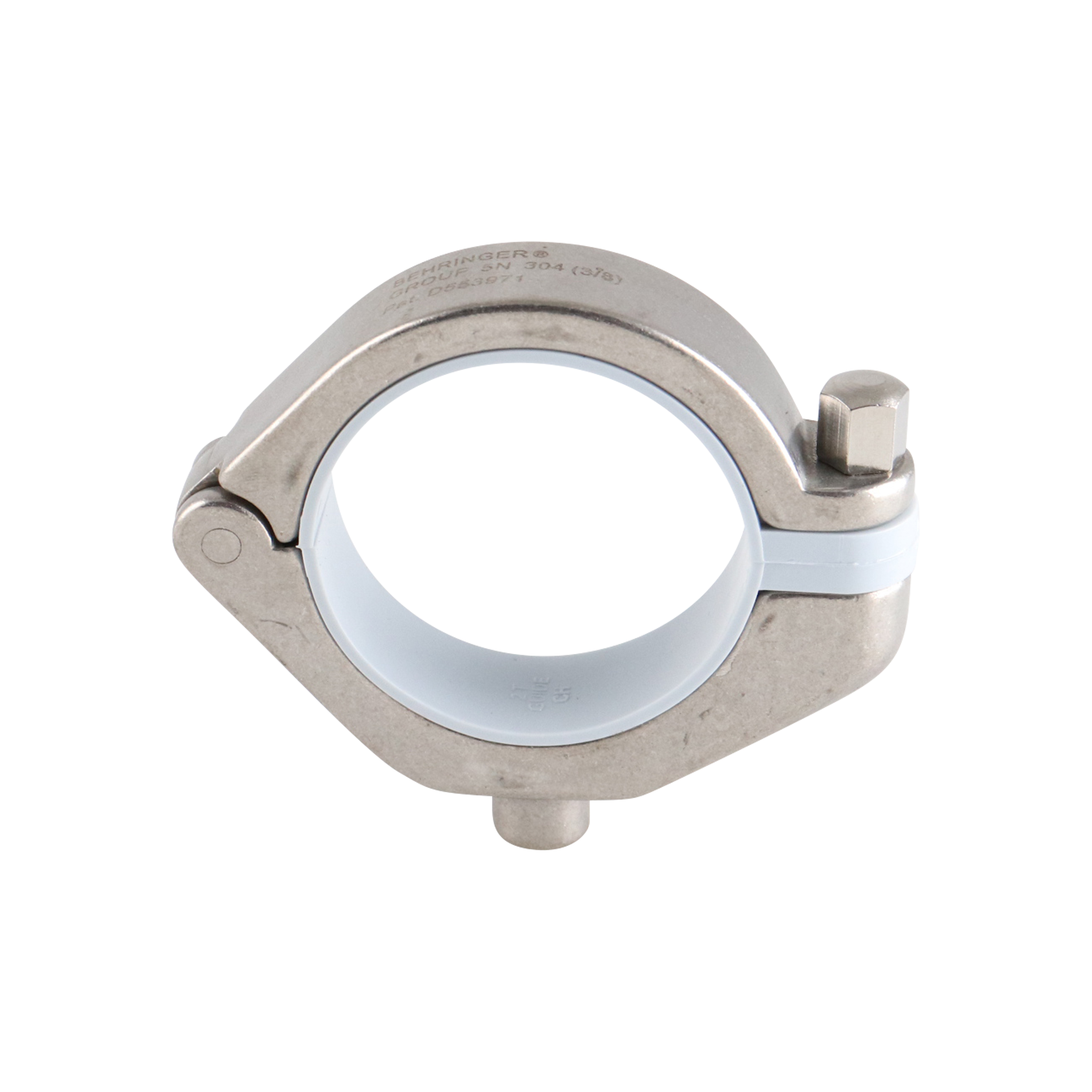 Hanger for 2-inch tubes, with a 3/8-inch threaded guide and gray insert, made of 304 stainless steel.