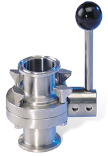 butterfly valve, 1.5-inch Tri-Clamp, made from 316L stainless steel, with EPDM seat and 2-position handle