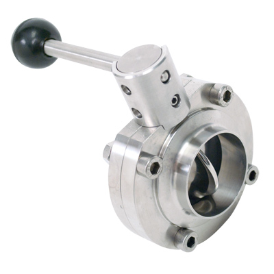 Butterfly Valve, 1.5-inch size, Butt Weld connection, made of 316L stainless steel, EPDM seat, with a 2-position handle.