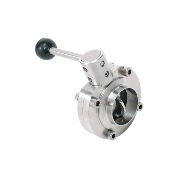 Butterfly Valve, 1.5-inch size, Butt Weld connection, made of 316L stainless steel, EPDM seat, with a 2-position handle.