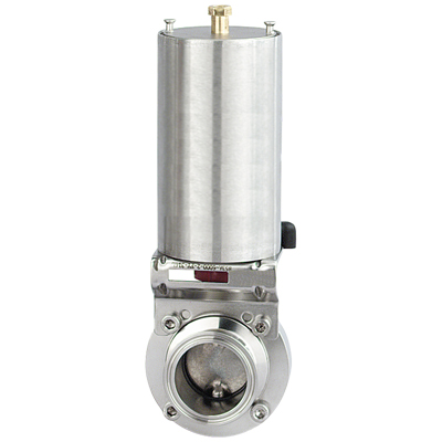 Butterfly valve, 1.5-inch tri-clamp connection, made of 316L stainless steel with an EPDM seat, normally closed configuration.