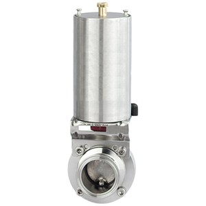 Butterfly valve, 1.5-inch tri-clamp connection, made of 316L stainless steel with an EPDM seat, normally closed configuration.