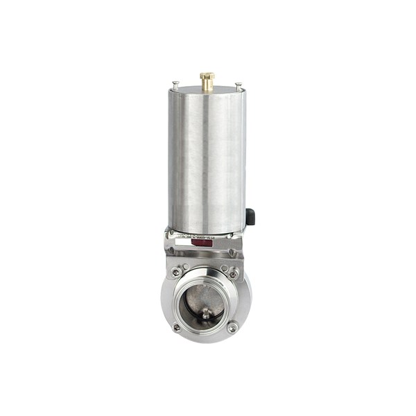 Butterfly valve, 1.5-inch tri-clamp connection, made of 316L stainless steel with an EPDM seat, normally closed configuration.