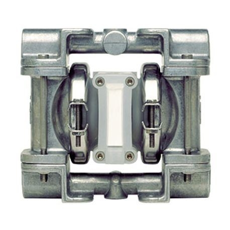 P025 diaphragm pump with a 0.25-inch FPT clamped metal Pro-Flo design, featuring an aluminum wet side, no piston, acetal center and air components, PTFE diaphragm with neoprene backup, PTFE valve ball, aluminum seats, and PTFE O-rings, designed for AODD applications by Wilden.