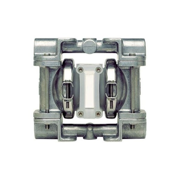 P025 diaphragm pump with a 0.25-inch FPT clamped metal Pro-Flo design, featuring an aluminum wet side, no piston, acetal center and air components, PTFE diaphragm with neoprene backup, PTFE valve ball, aluminum seats, and PTFE O-rings, designed for AODD applications by Wilden.