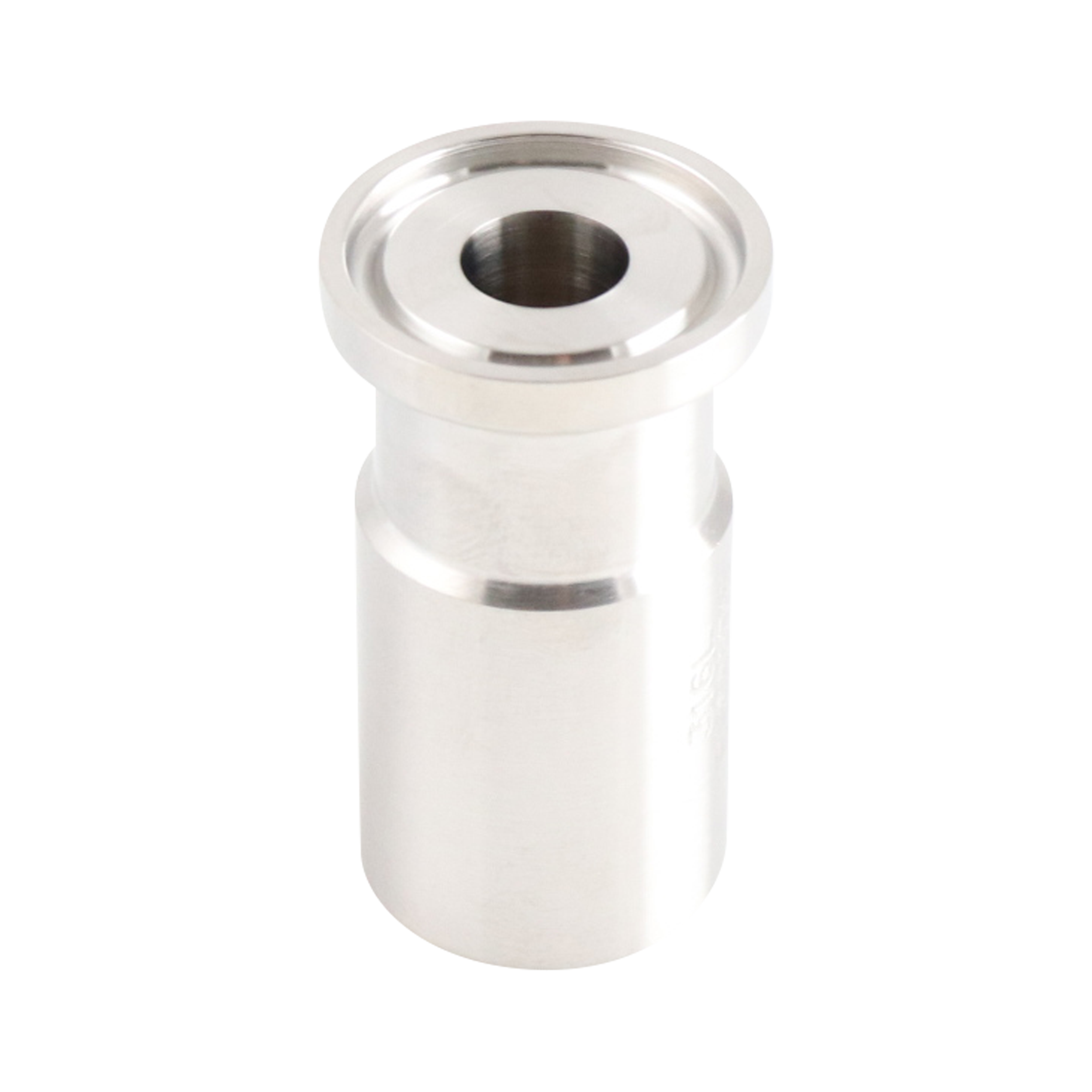 Adapter: 0.5-inch tri-clamp to 0.5-inch butt weld, schedule 40 pipe, 316L stainless steel, 1.75-inch overall length.