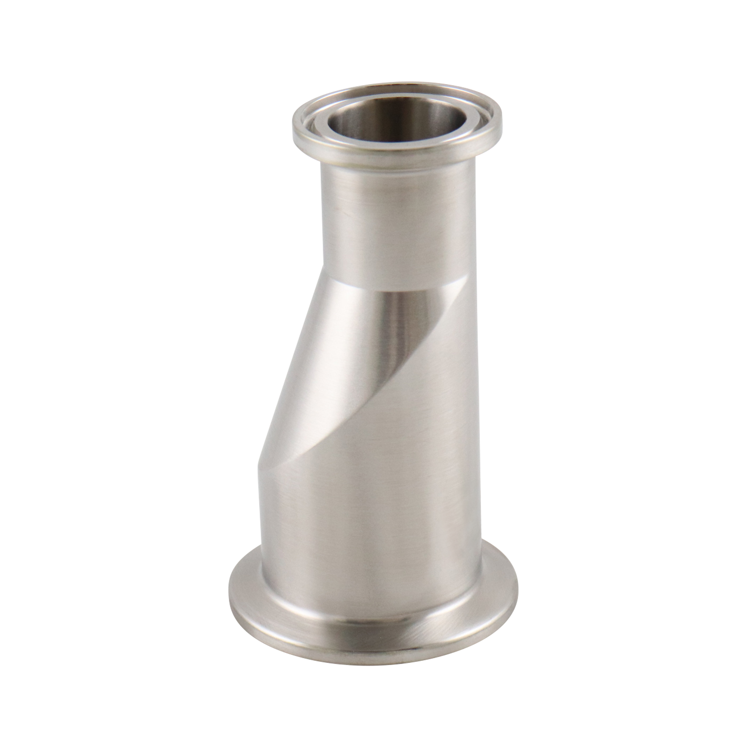 Eccentric Reducer, 1.5-inch x 1-inch, Tri-Clamp connection, made of 316L stainless steel, 3.5 inches long, 20RA internal surface finish, 32RA external finish, SF1 BPE compliant.