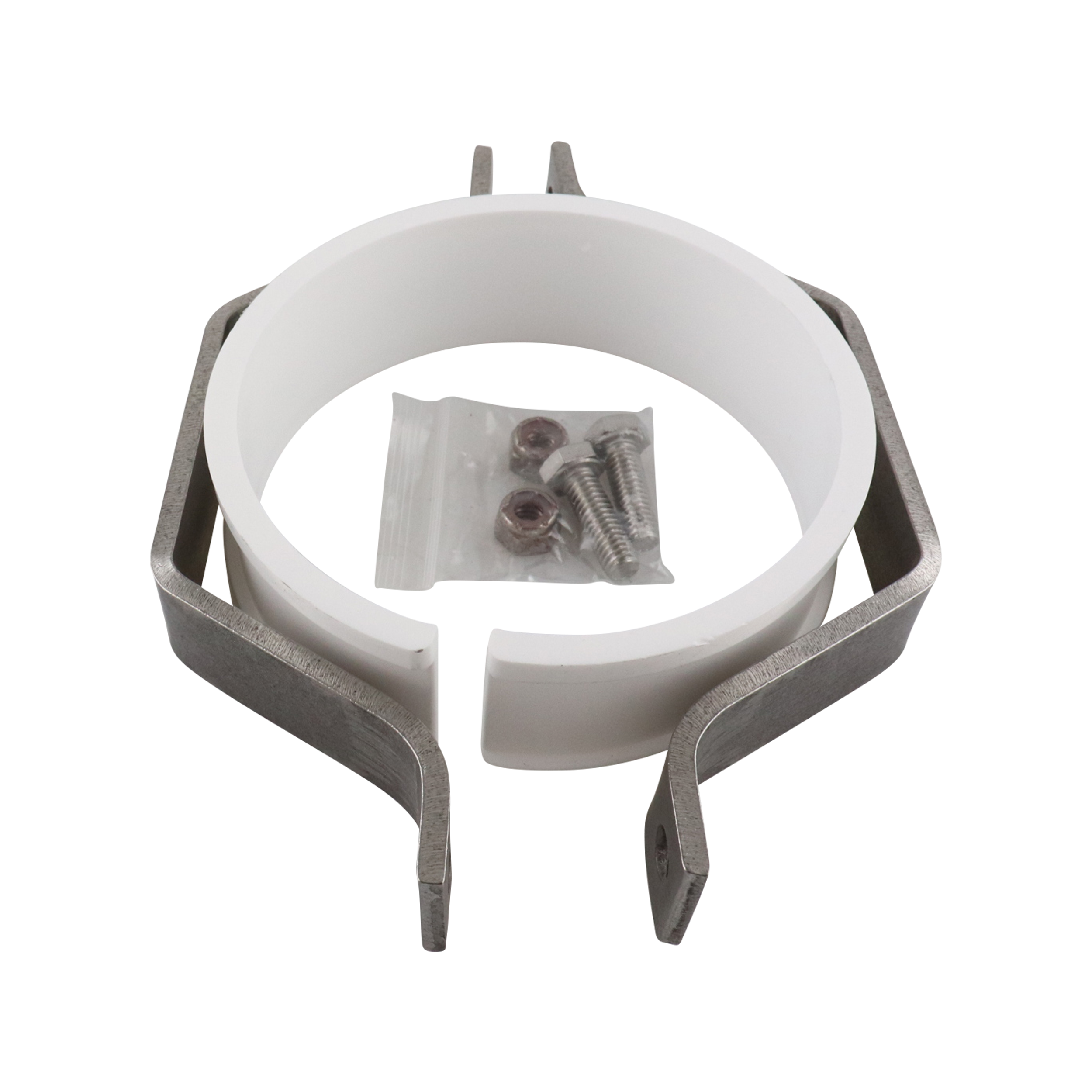 Hex Hanger Assembly, fits 4-inch pipe, polypropylene insert, model 329F, made in the USA.