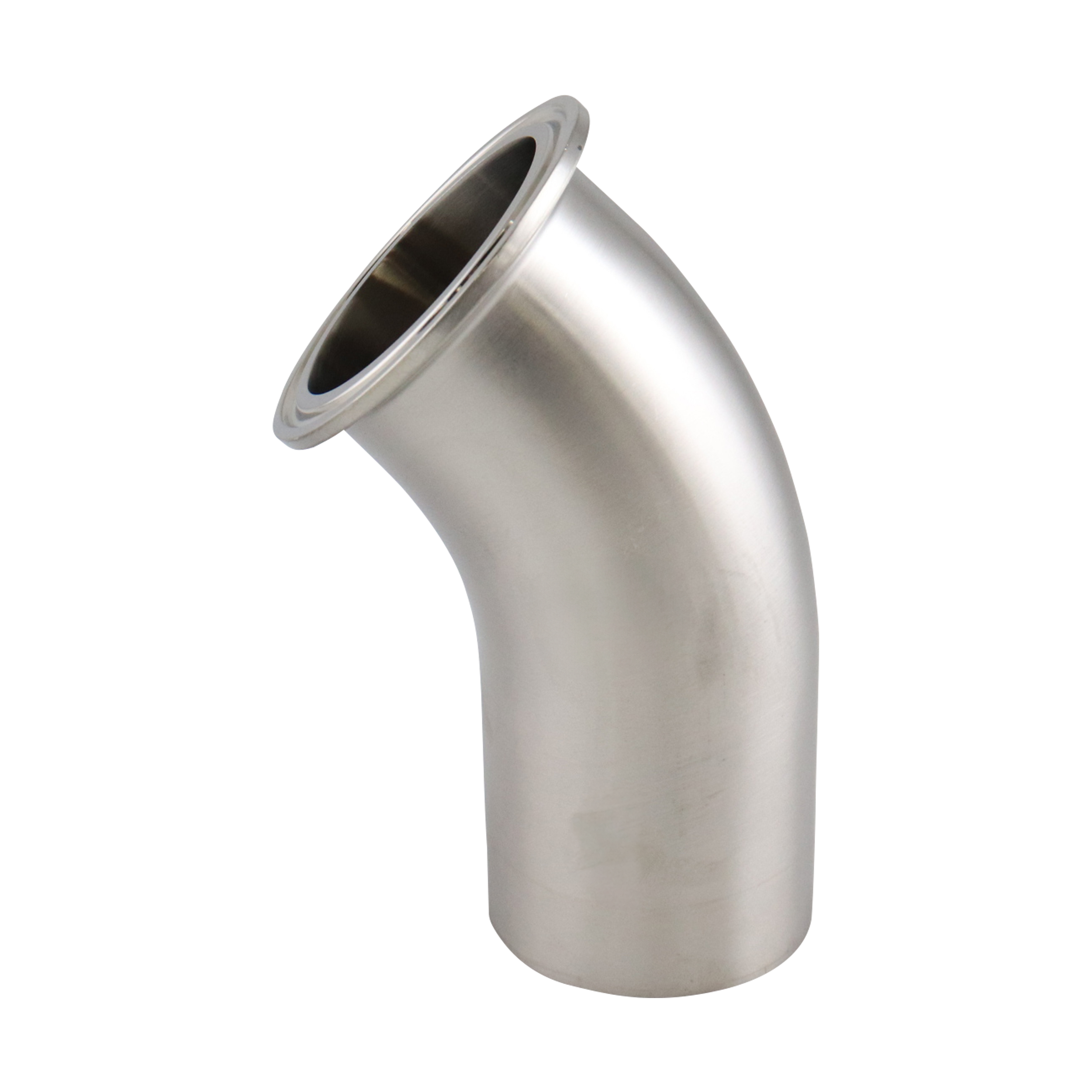 45-degree elbow, 1.5-inch Tri-Clamp to butt-weld, made from 316L stainless steel, with 20RA interior and 32RA exterior surface finish, SF1 BPE compliant
