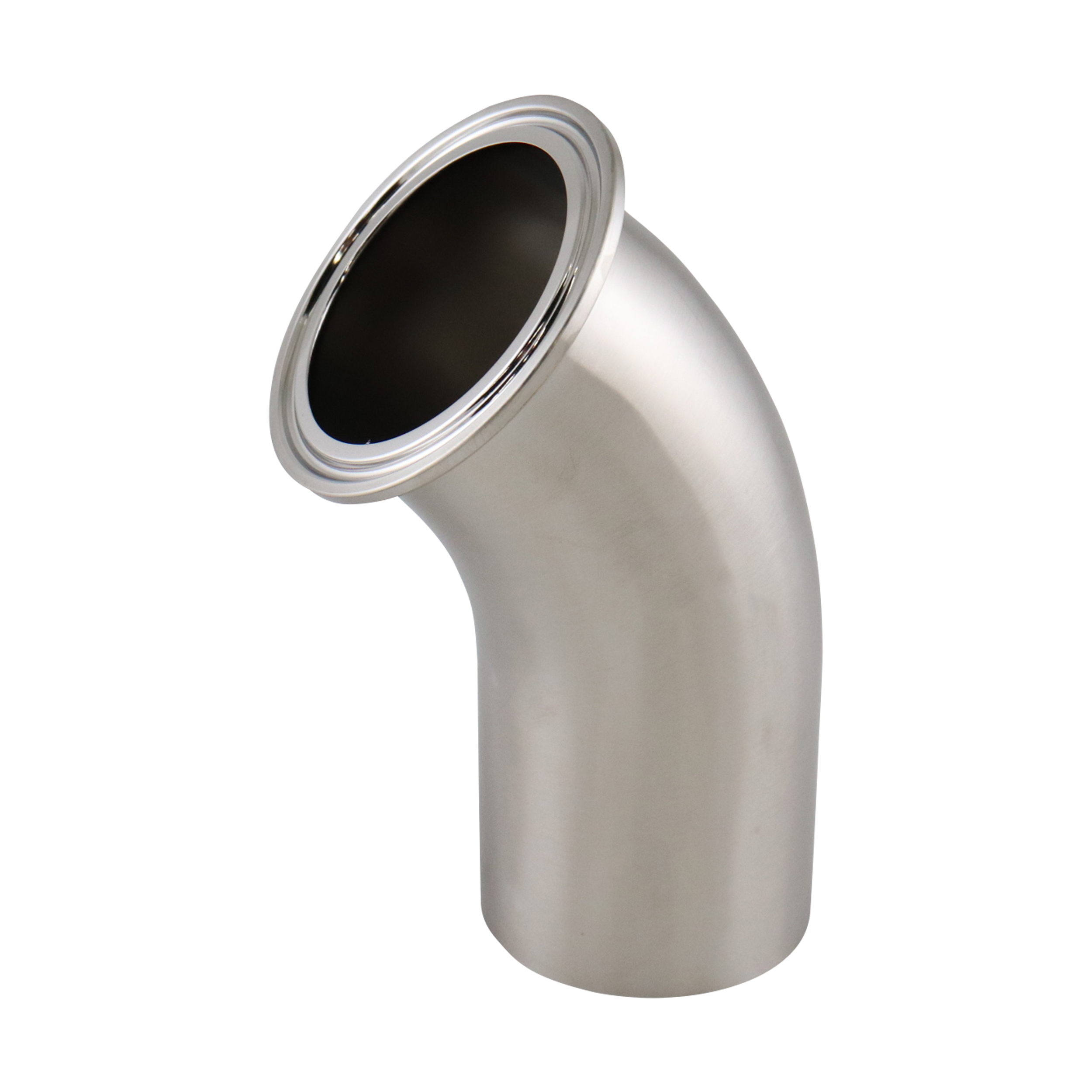 45-Degree Elbow, 1.5-inch tri-clamp to butt weld connection, made of 316L stainless steel, with a 15RA electropolished inner diameter and 32RA outer diameter, compliant with SF4 BPE standards.