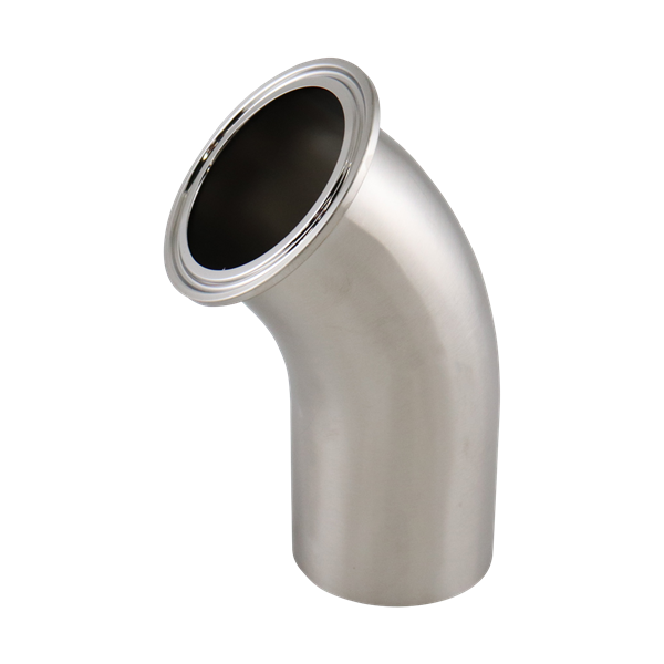 45-Degree Elbow, 1.5-inch tri-clamp to butt weld connection, made of 316L stainless steel, with a 15RA electropolished inner diameter and 32RA outer diameter, compliant with SF4 BPE standards.