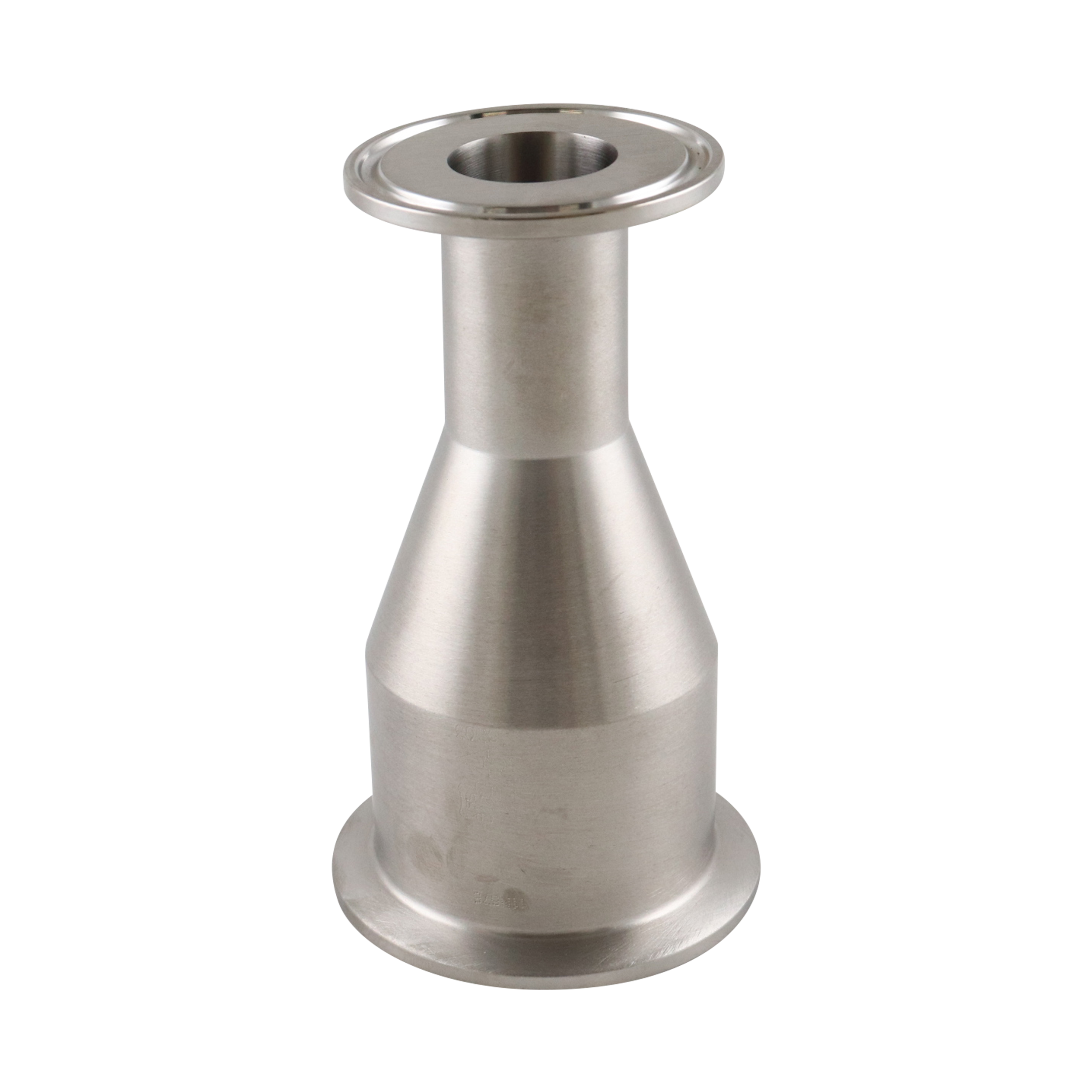 Concentric reducer with 2-inch by 1-inch tri-clamp connections, made from 316L stainless steel, 4.375-inch overall length, 20RA internal finish, and 32RA outer finish, SF1 BPE compliant.