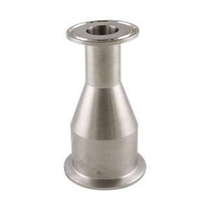 Concentric reducer with 2-inch by 1-inch tri-clamp connections, made from 316L stainless steel, 4.375-inch overall length, 20RA internal finish, and 32RA outer finish, SF1 BPE compliant.