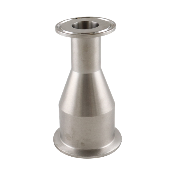 Concentric reducer with 2-inch by 1-inch tri-clamp connections, made from 316L stainless steel, 4.375-inch overall length, 20RA internal finish, and 32RA outer finish, SF1 BPE compliant.