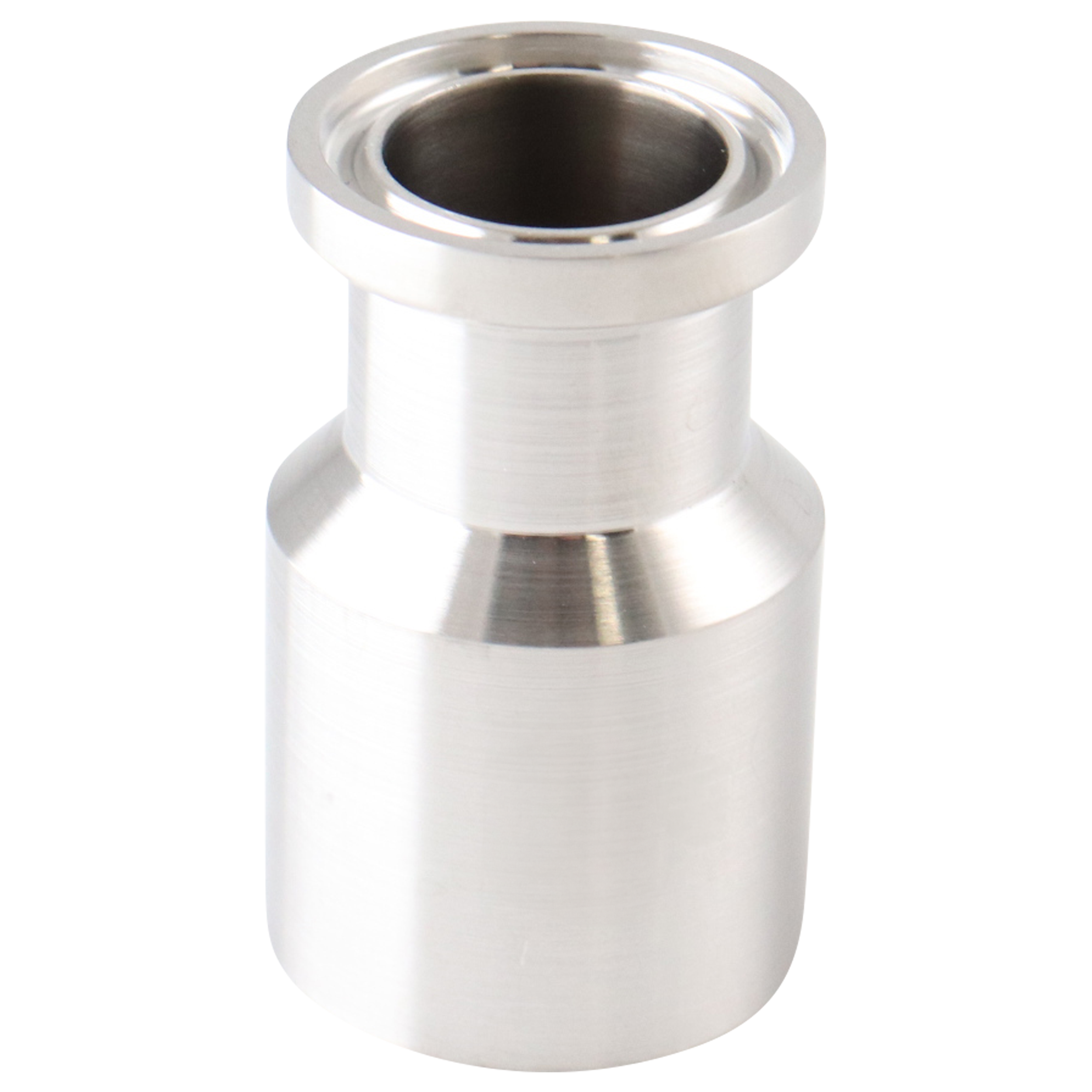 Adapter, 0.75-inch Tri-Clamp to 0.75-inch Butt Weld, Schedule 40 pipe, made of 316L stainless steel per ASTM A479, 1.75 inches long.