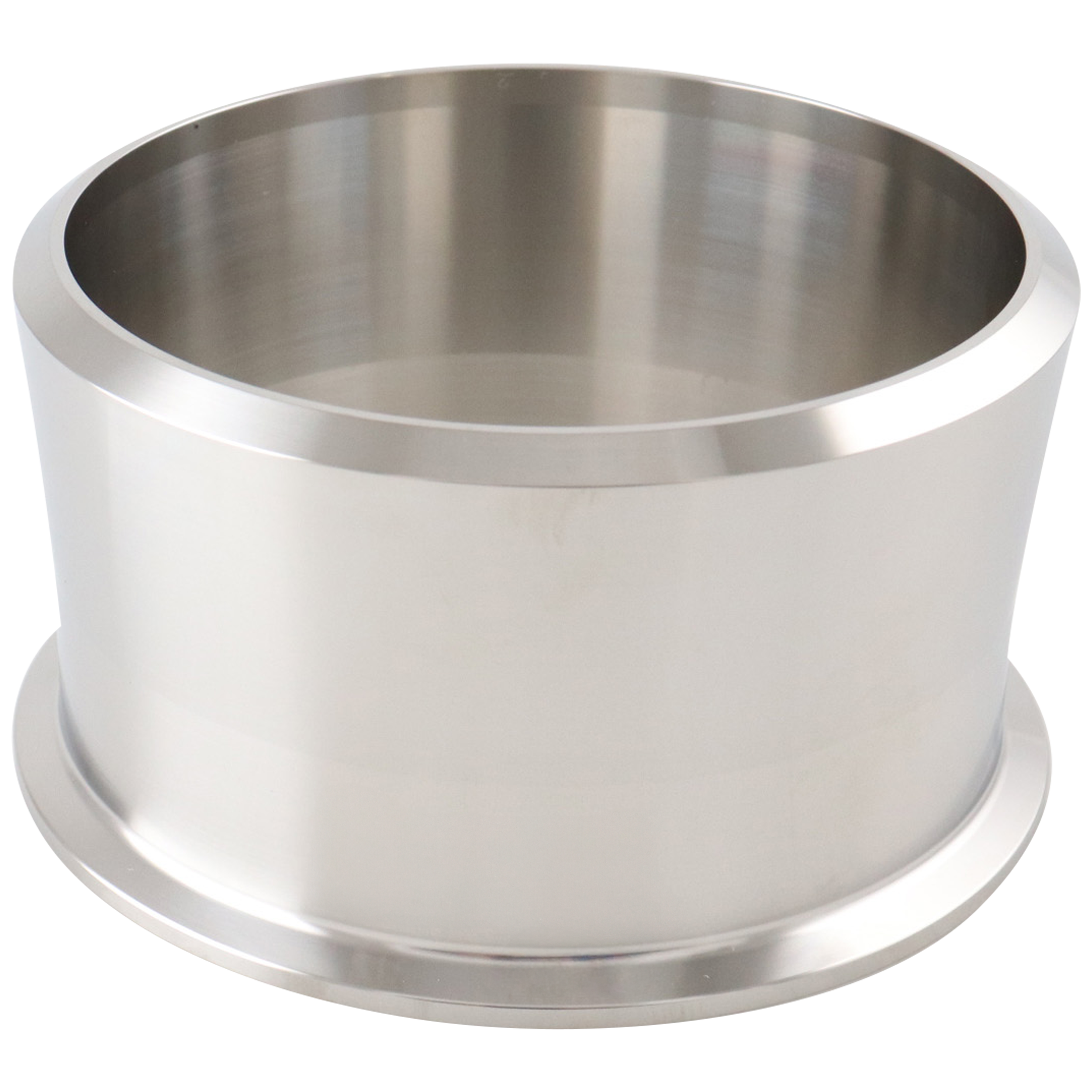 Adapter: 4-inch tri-clamp to 4-inch butt weld, Schedule 40 pipe, 316L stainless steel, SA479 material, 2.5-inch overall length.