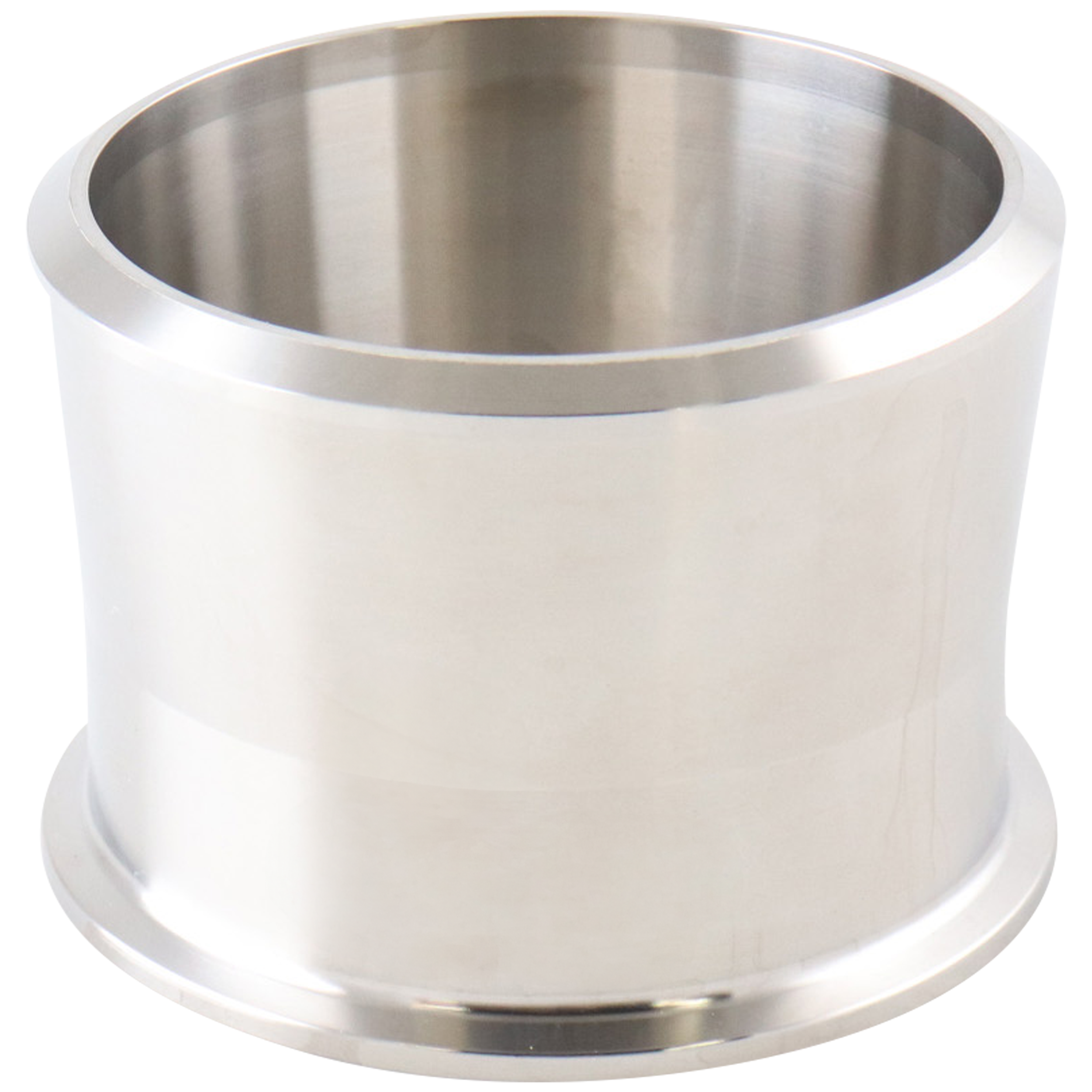 Adapter with a 3-inch tri-clamp connection to a 3-inch butt weld connection for Schedule 40 pipe, made from 316L stainless steel, with a 2.5-inch overall length.