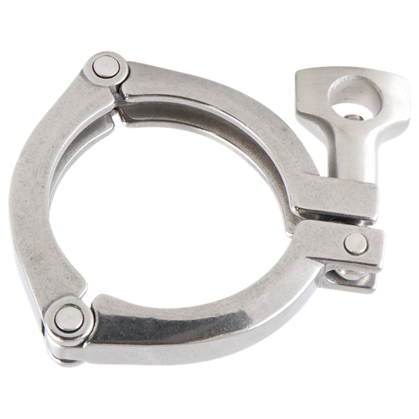 Clamp, three-segment design, 2.5-inch tri-clamp connection, made of 304 stainless steel.