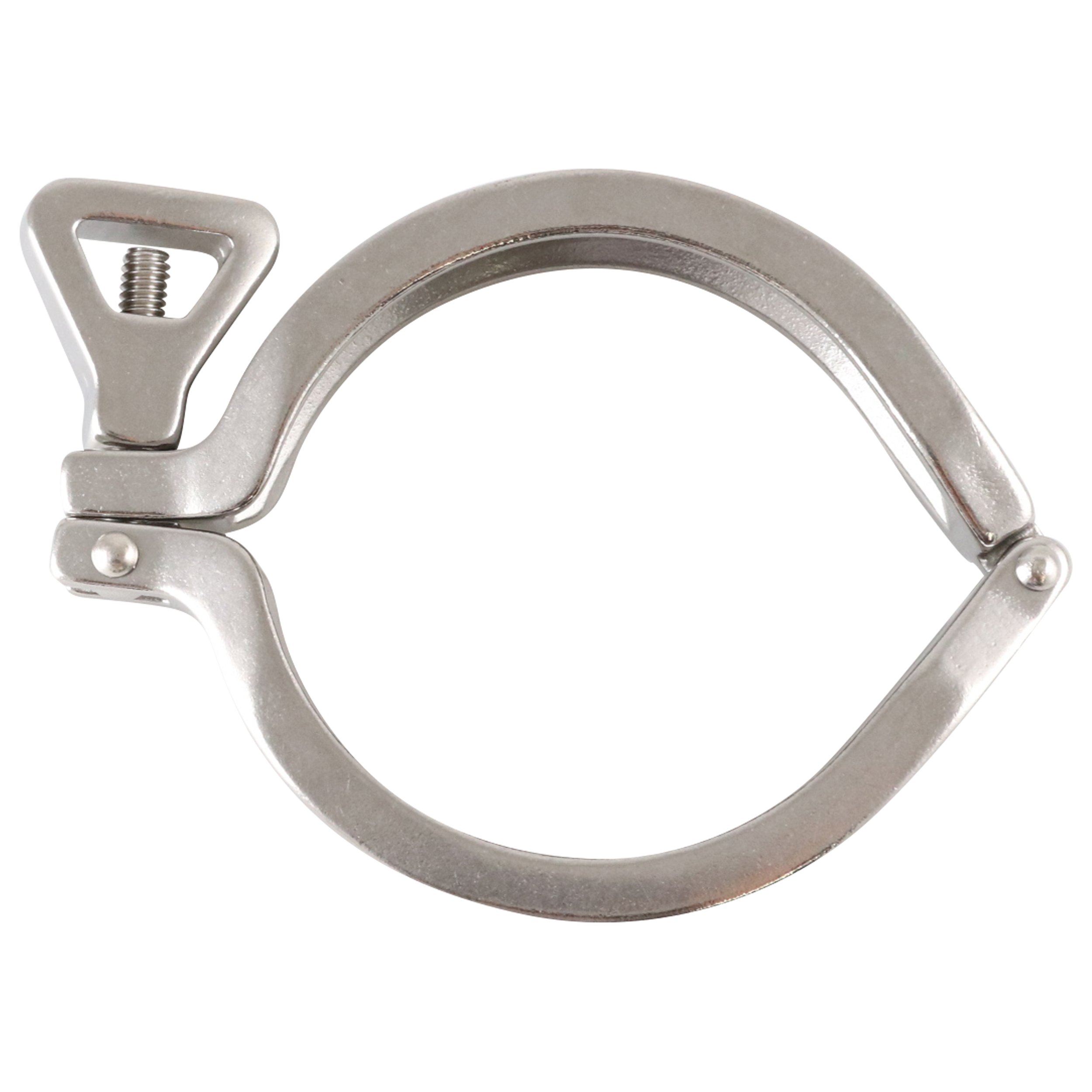 Clamp, compatible with I-Line and Q-Line fittings, 2.5-inch size, wing nut type, made of 304 stainless steel.
