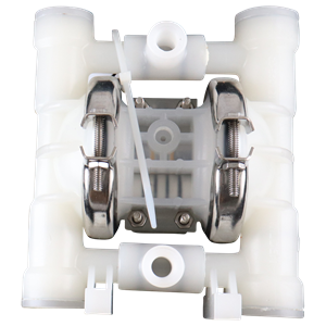 A025 diaphragm pump: 0.25-inch FPT, clamped plastic design with adapter block base, PVDF wet side, no piston, poly center and air sections, PTFE diaphragm with neoprene backup, IPD diaphragm, PTFE valve balls, PVDF seats, PTFE encapsulated Viton O-rings, no muffler, Pro-Flo center section, AODD pump by Wilden.