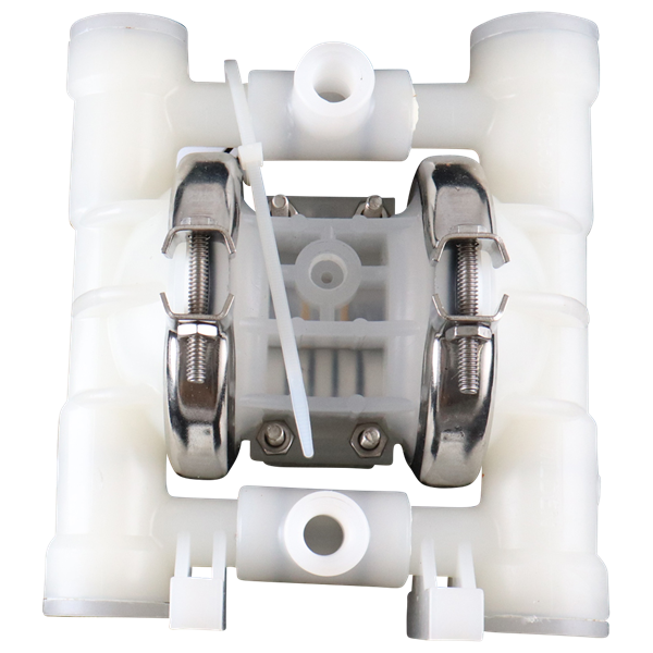 A025 diaphragm pump: 0.25-inch FPT, clamped plastic design with adapter block base, PVDF wet side, no piston, poly center and air sections, PTFE diaphragm with neoprene backup, IPD diaphragm, PTFE valve balls, PVDF seats, PTFE encapsulated Viton O-rings, no muffler, Pro-Flo center section, AODD pump by Wilden.
