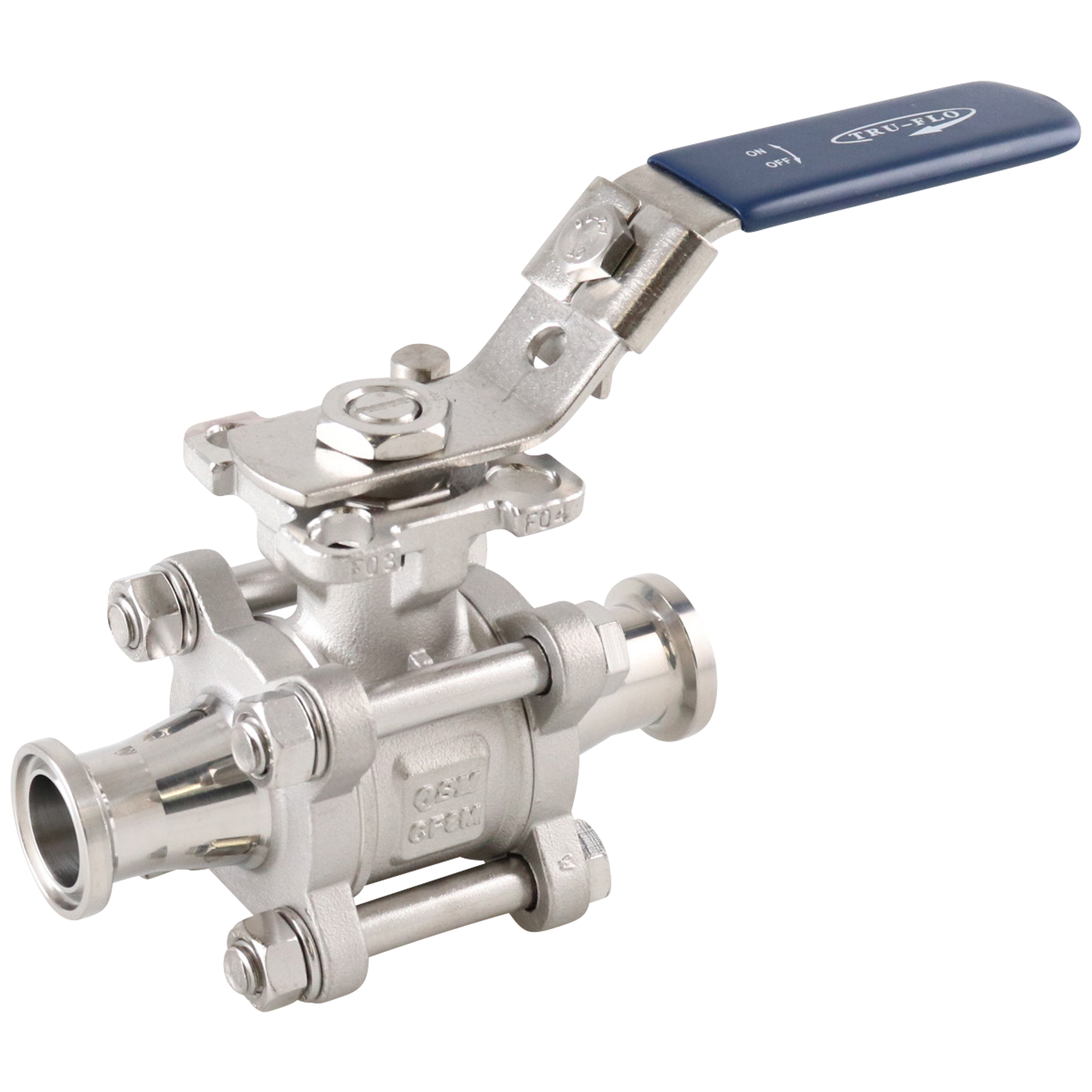 Ball valve, 0.75-inch tri-clamp, PTFE cavity fill, made of 316L stainless steel, QSM design.
