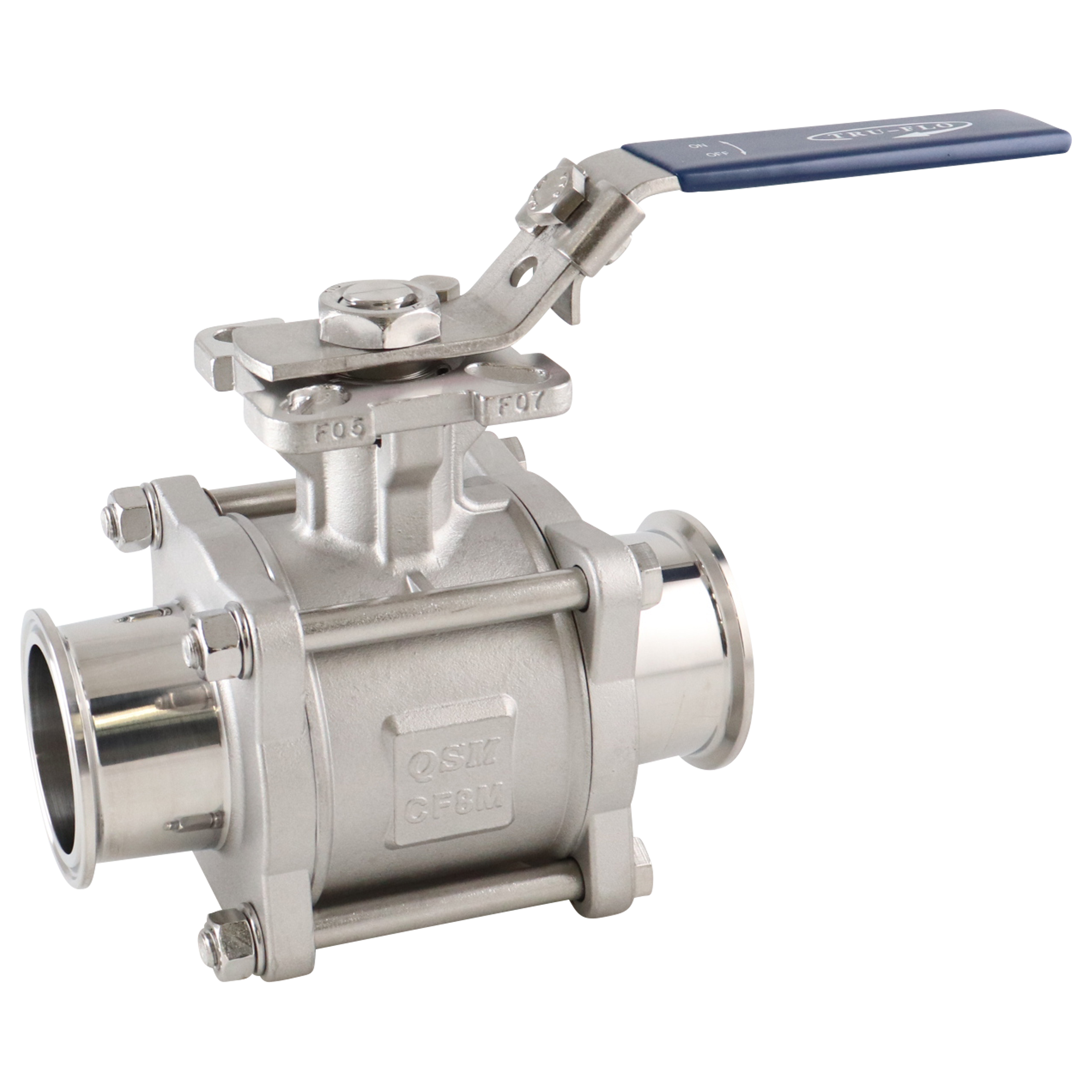 ball valve, 2-inch Tri-Clamp, made from 316L stainless steel, with PTFE cavity fill, QSM design
