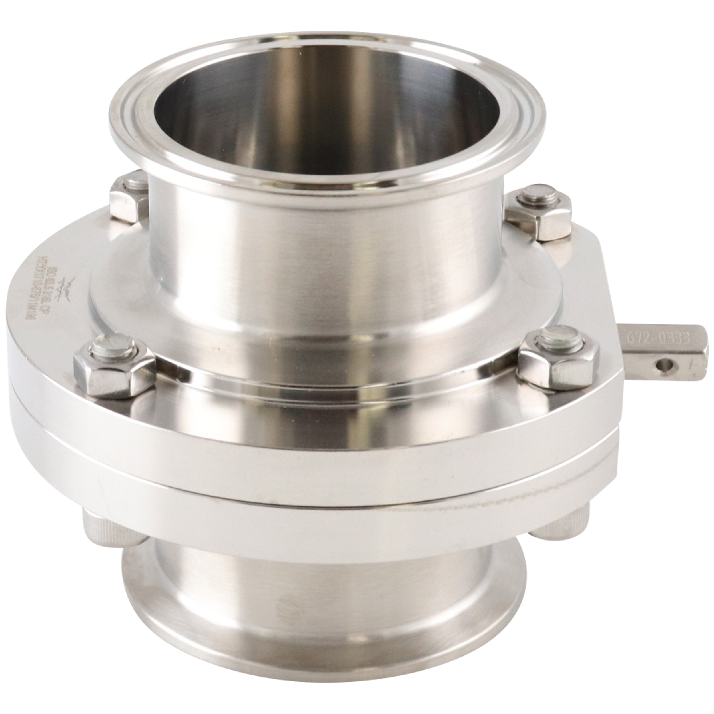 butterfly valve, 2.5-inch Tri-Clamp, made from 316L stainless steel, with EPDM seat, no handle included