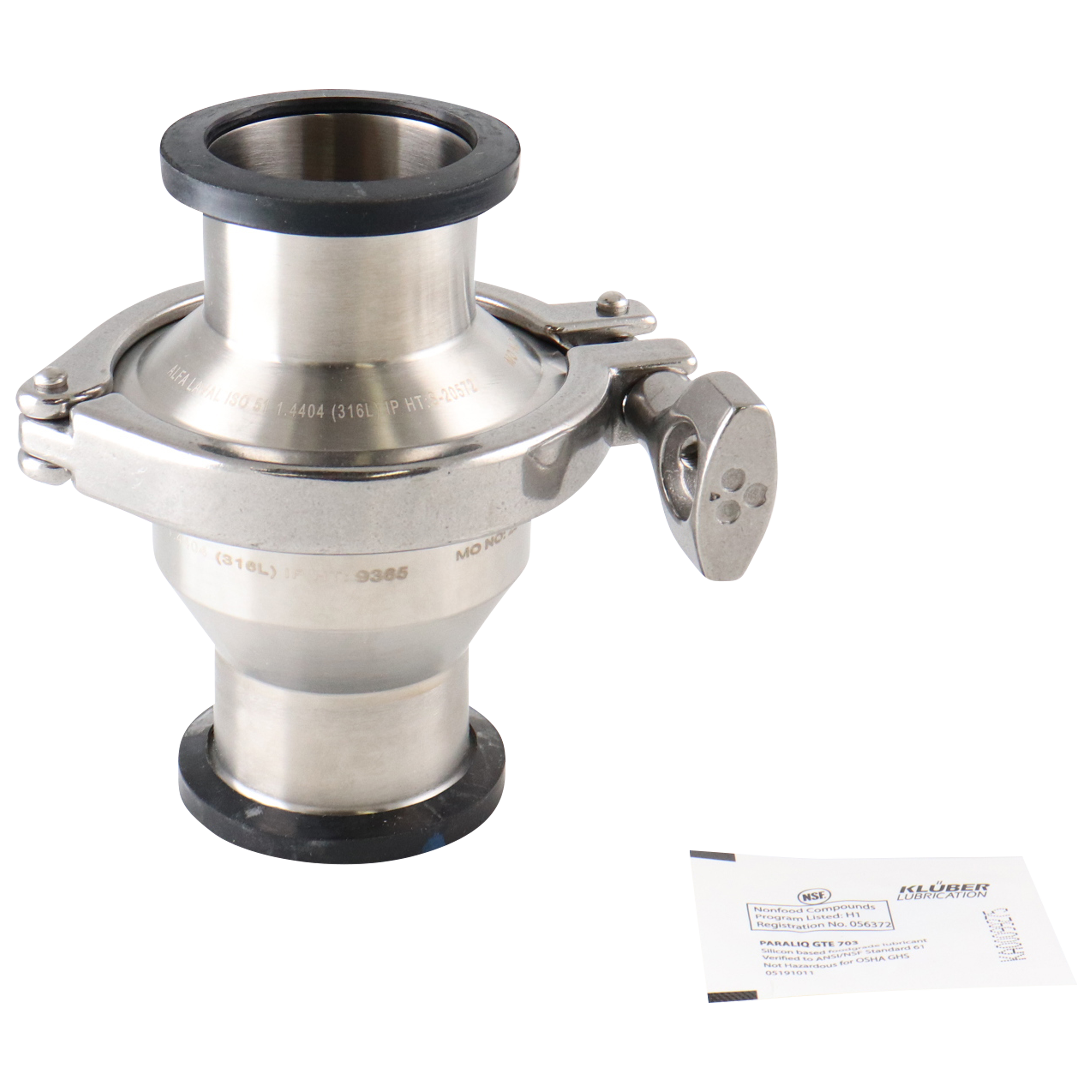 Spring check valve, 2-inch tri-clamp connection, made of 316 stainless steel with a Viton seal.