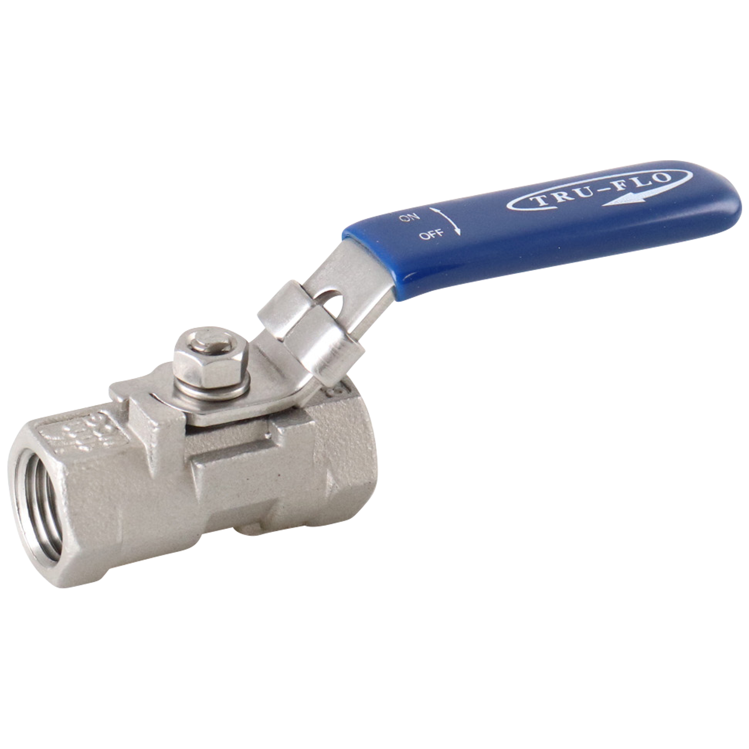 Ball valve with a 0.25-inch female pipe thread, featuring a PTFE seat, reduced port, and one-piece design, constructed from 316L stainless steel by QSM.