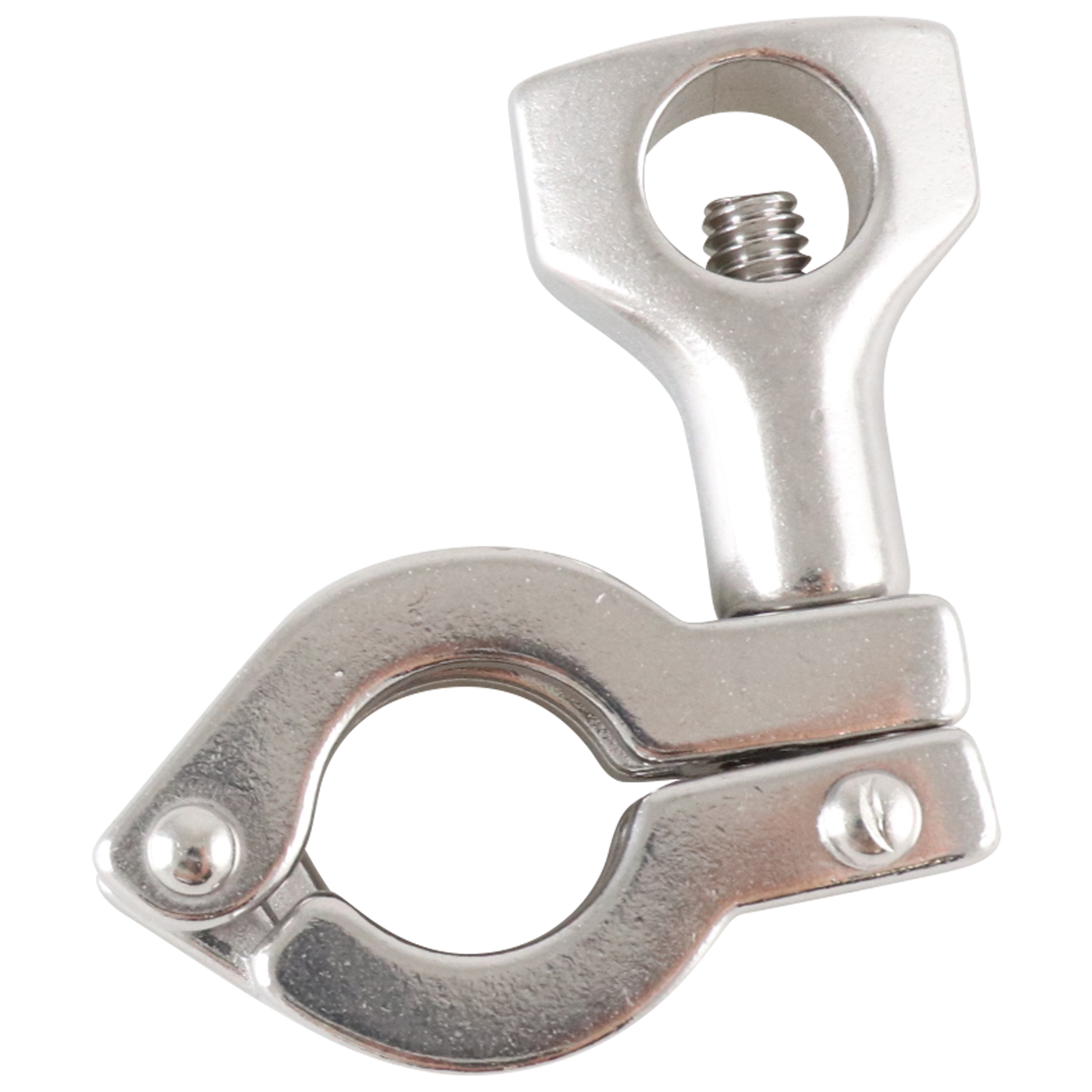 Clamp, heavy-duty, two-piece design for 0.5-inch and 0.75-inch tri-clamp connections, single-pin type, made from 316 stainless steel.