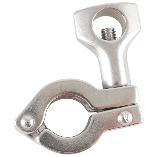Clamp, heavy-duty, two-piece design for 0.5-inch and 0.75-inch tri-clamp connections, single-pin type, made from 316 stainless steel.