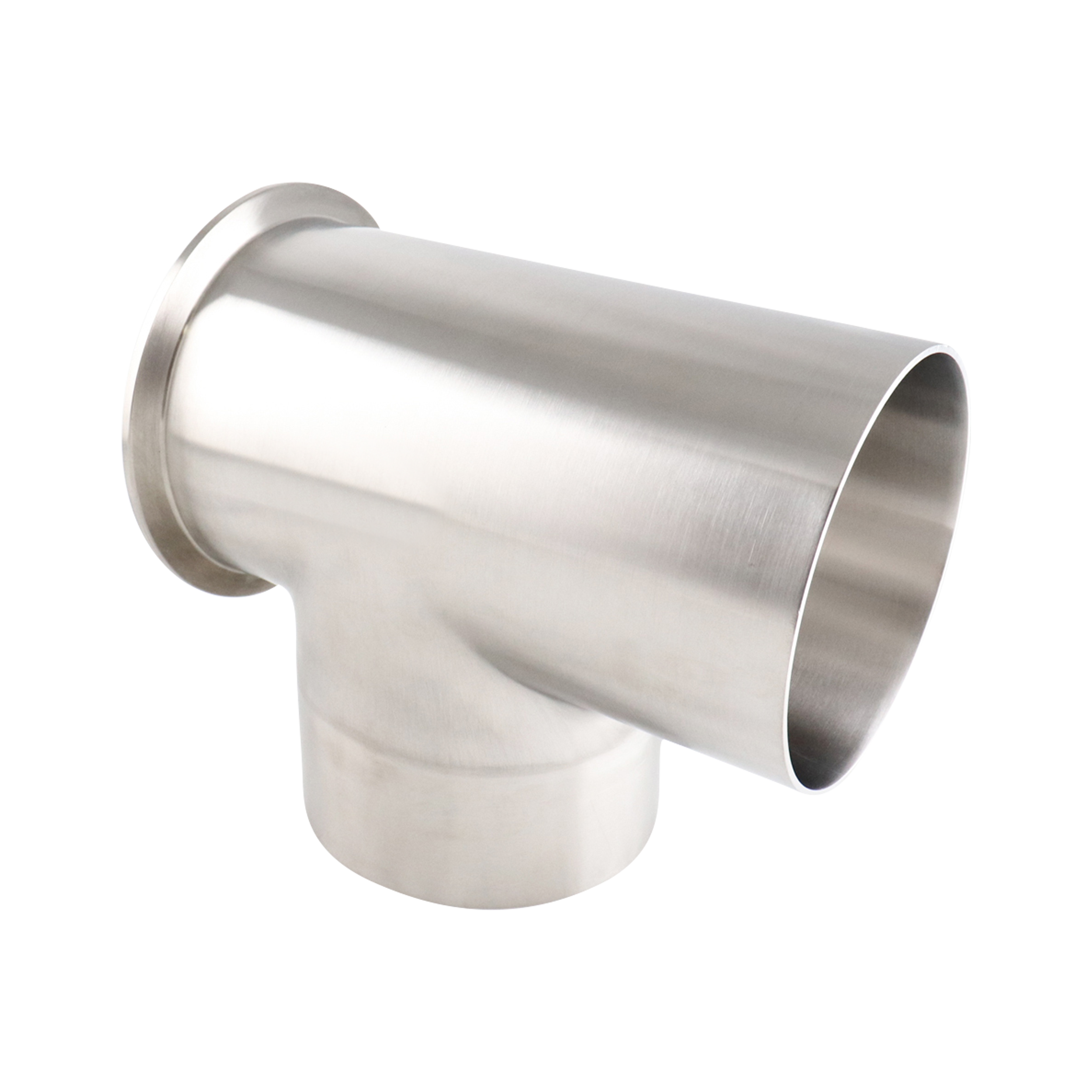 Tee, 4-inch size, Butt Weld to Short Tri-Clamp to Butt Weld connection, made of 316L stainless steel, 20RA internal surface finish, 32RA external finish, SF1 BPE compliant.