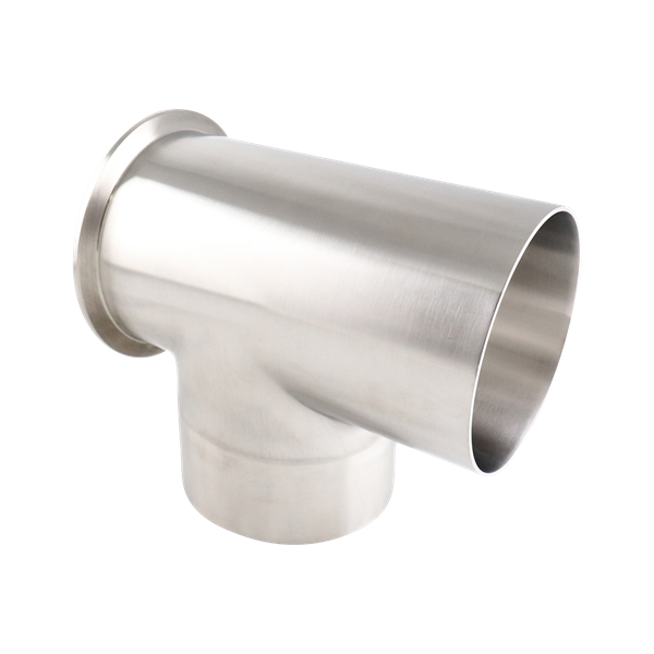 Tee, 4-inch size, Butt Weld to Short Tri-Clamp to Butt Weld connection, made of 316L stainless steel, 20RA internal surface finish, 32RA external finish, SF1 BPE compliant.