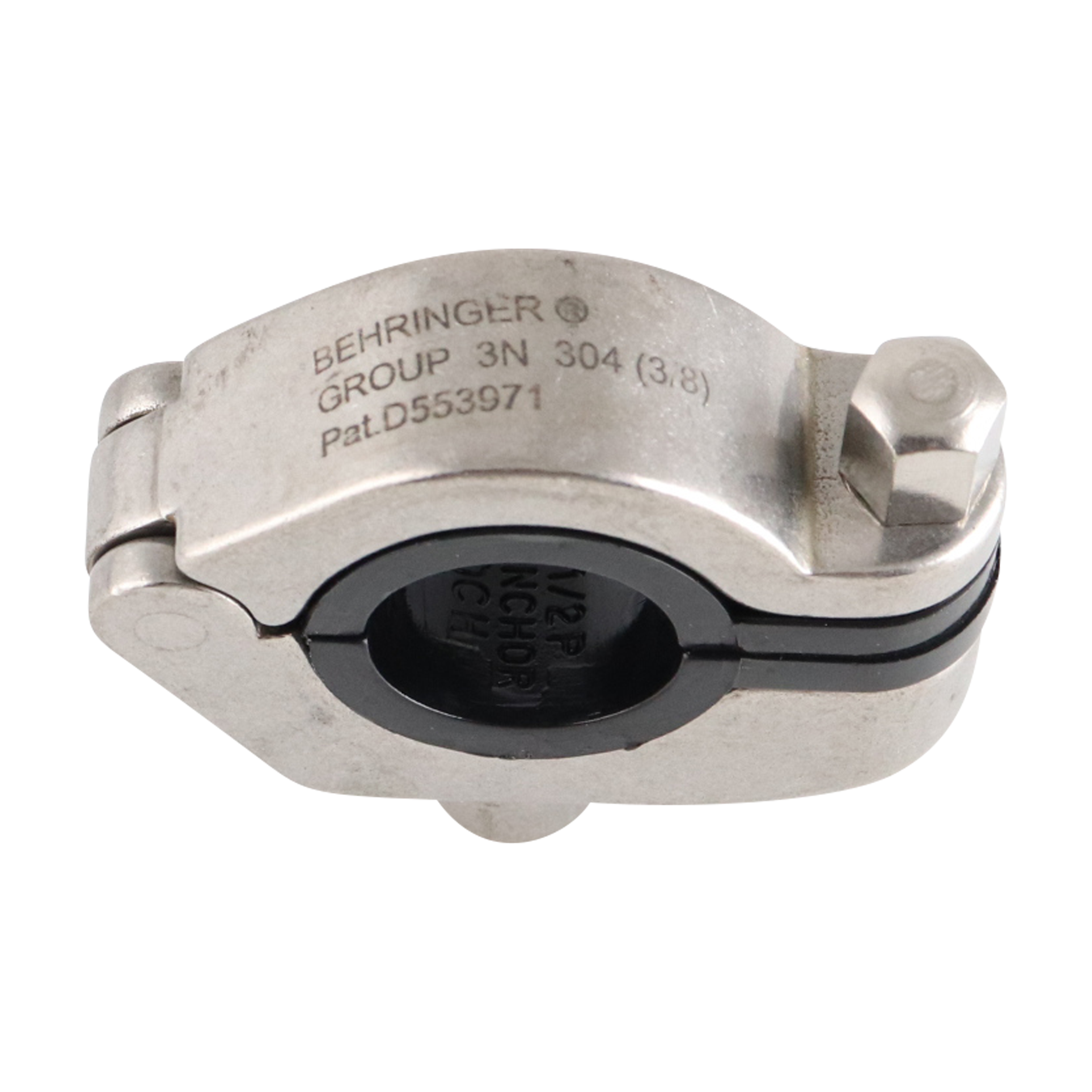 Hanger CH for 0.75-inch tubing, with a 3/8-inch threaded guide and a grey insert, made from 304 stainless steel.