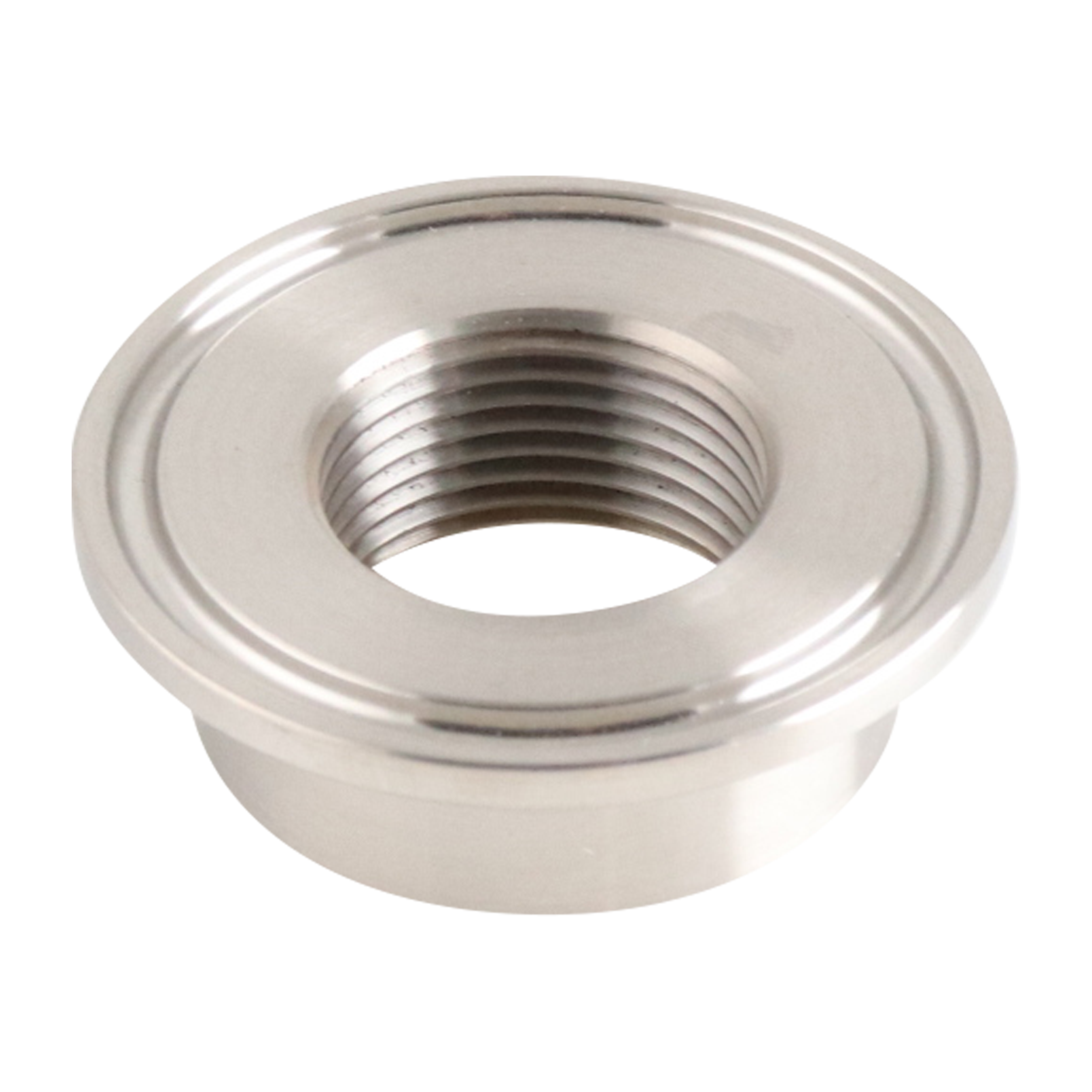 Thermometer cap with a 1.5-inch tri-clamp connection to a 0.75-inch female pipe thread, constructed from 316L stainless steel, featuring a 32RA internal and outer finish.