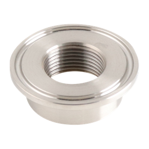 Thermometer cap with a 1.5-inch tri-clamp connection to a 0.75-inch female pipe thread, constructed from 316L stainless steel, featuring a 32RA internal and outer finish.