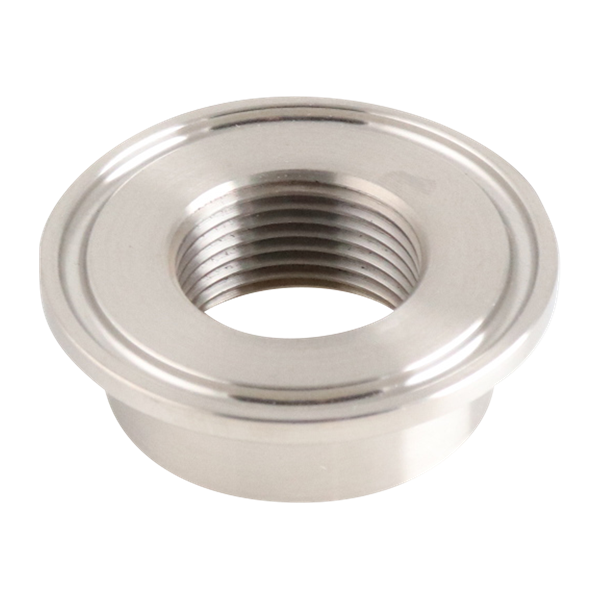 Thermometer cap with a 1.5-inch tri-clamp connection to a 0.75-inch female pipe thread, constructed from 316L stainless steel, featuring a 32RA internal and outer finish.