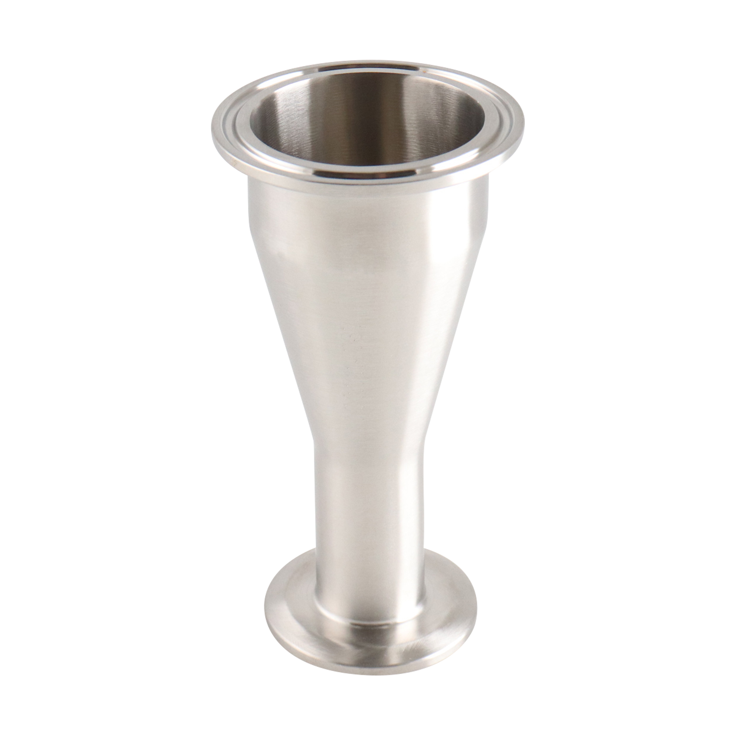 concentric reducer, 2-inch x 1.5-inch Tri-Clamp, made from 304 stainless steel, with 3-inch overall length and 32RA interior and exterior surface finish
