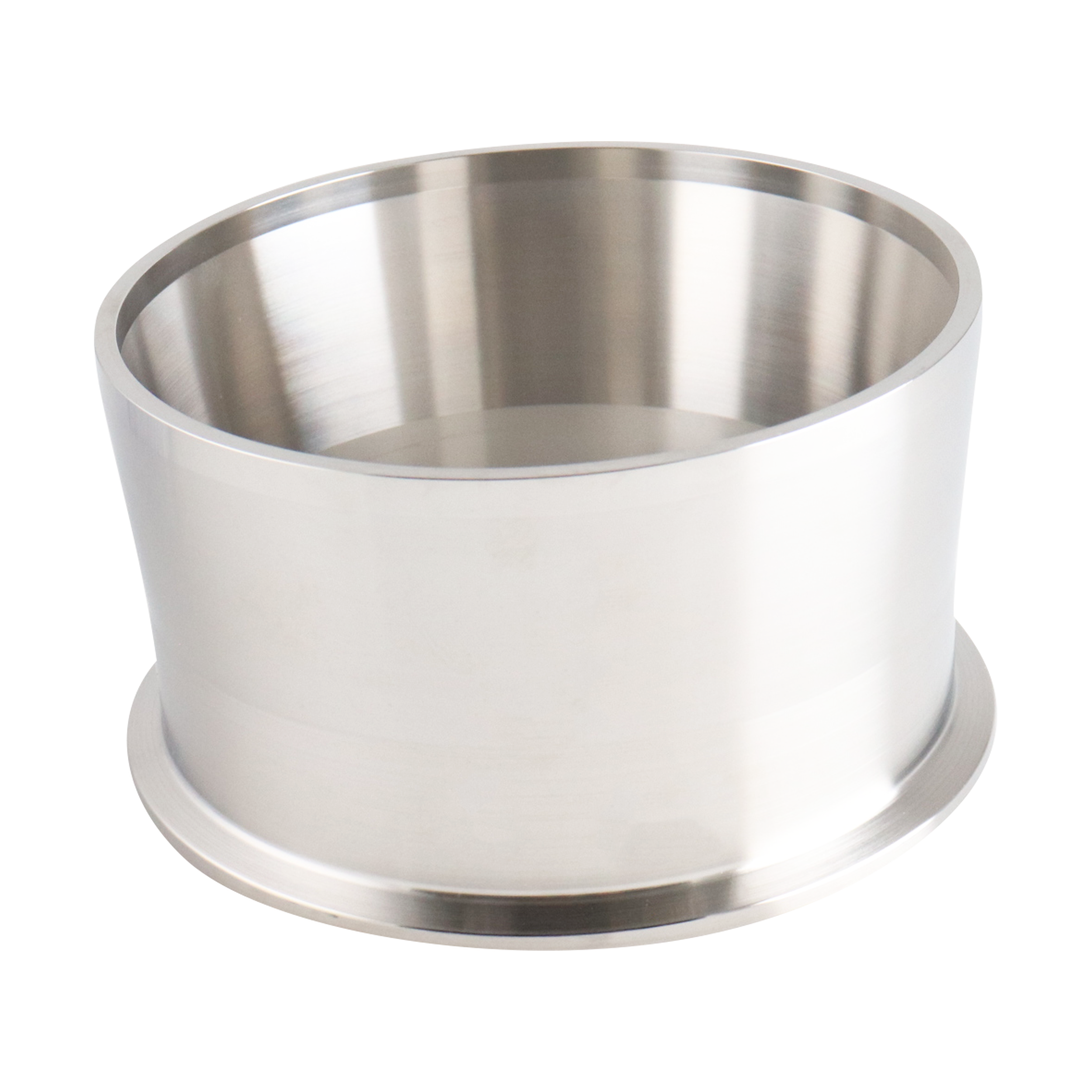 Adapter, 4-inch tri-clamp to 4-inch butt weld Schedule 10 pipe, made of 316L stainless steel per SA479 standard, with a 2.5-inch overall length.