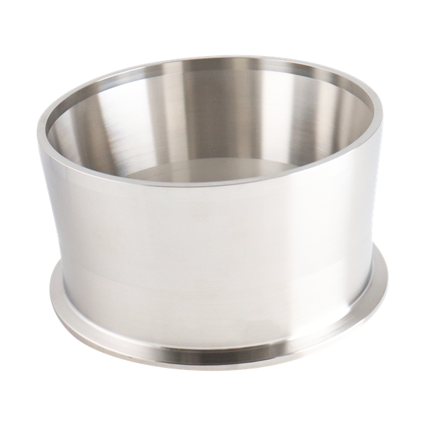 Adapter, 4-inch tri-clamp to 4-inch butt weld Schedule 10 pipe, made of 316L stainless steel per SA479 standard, with a 2.5-inch overall length.