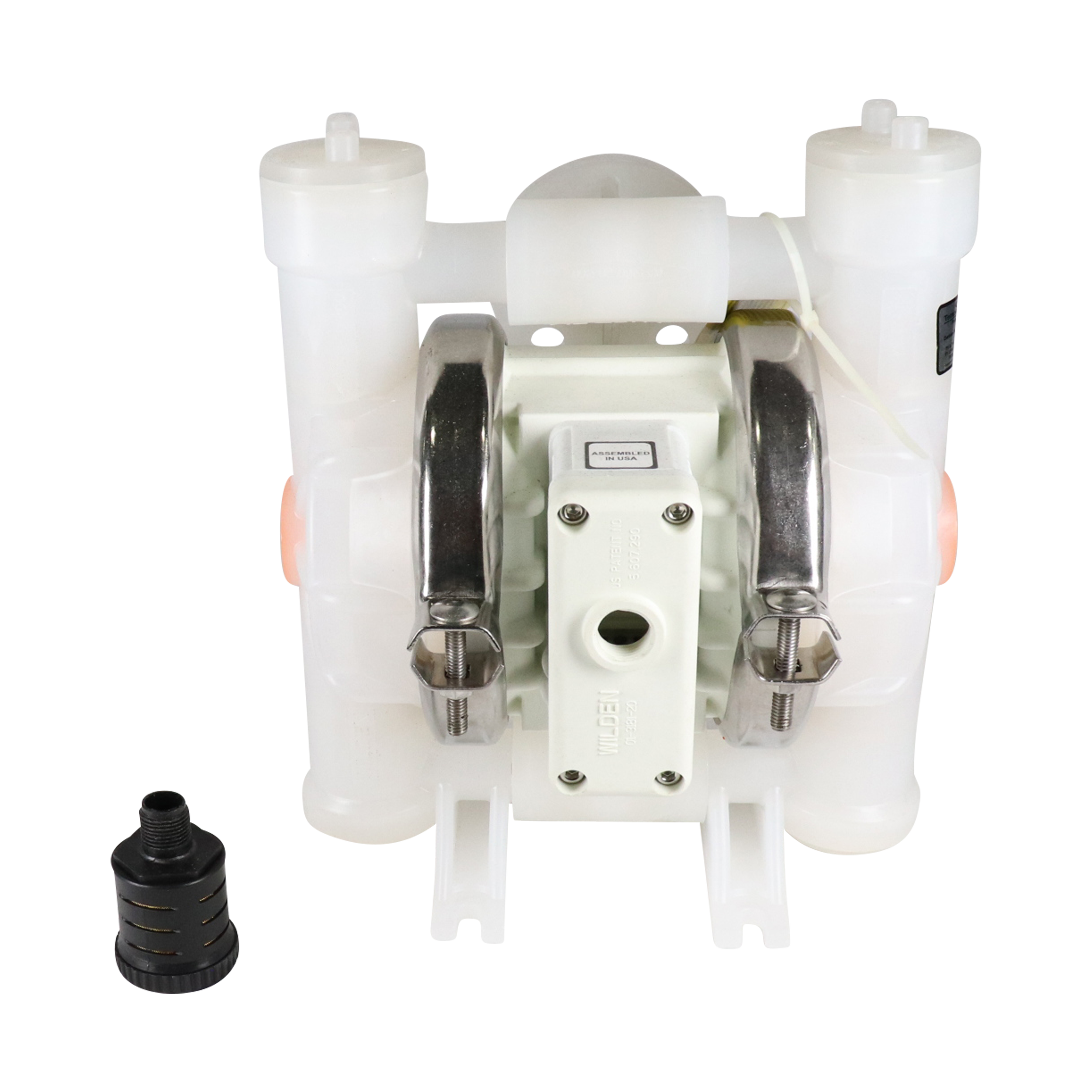 P2 diaphragm pump, 1-inch ANSI flanged, clamped plastic design with a poly wet side, PVDF piston, poly center and air sections, Wil-Flex diaphragms and valve balls, poly seats, and Wil-Flex O-rings, AODD pump by Wilden.