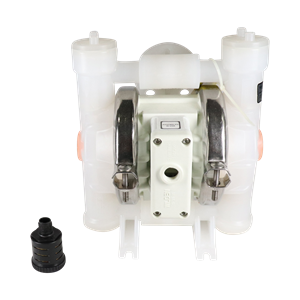 P2 diaphragm pump, 1-inch ANSI flanged, clamped plastic design with a poly wet side, PVDF piston, poly center and air sections, Wil-Flex diaphragms and valve balls, poly seats, and Wil-Flex O-rings, AODD pump by Wilden.