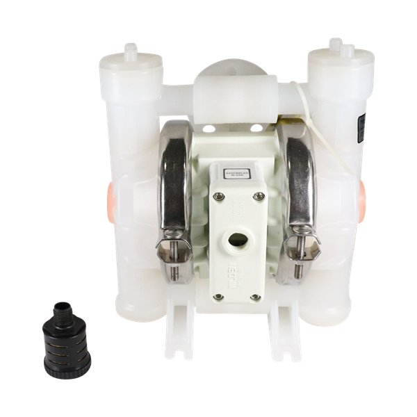 P2 diaphragm pump, 1-inch ANSI flanged, clamped plastic design with a poly wet side, PVDF piston, poly center and air sections, Wil-Flex diaphragms and valve balls, poly seats, and Wil-Flex O-rings, AODD pump by Wilden.