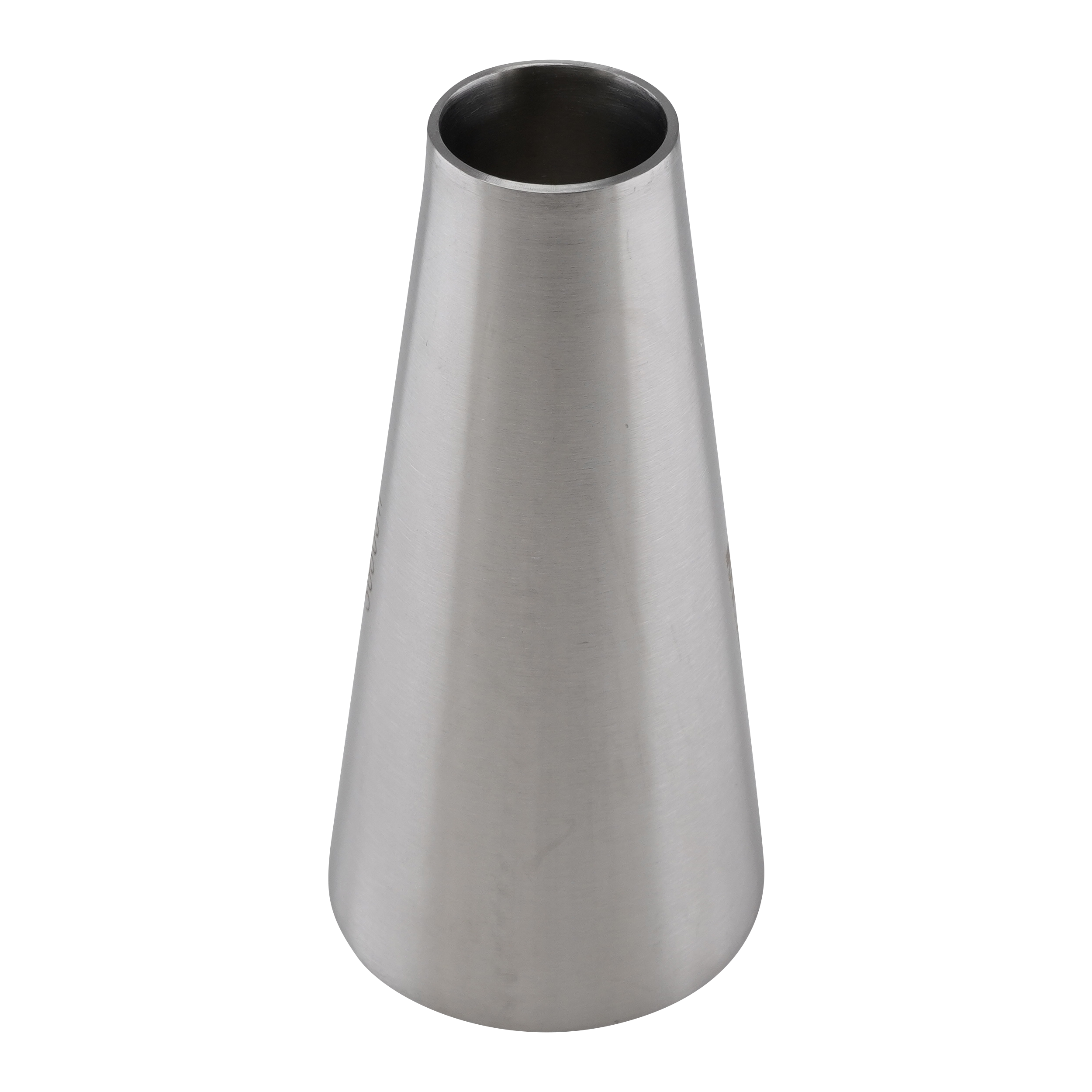 Concentric reducer with a 2-inch by 1-inch butt weld connection, made of 304 stainless steel, 4 inches in overall length, 32RA inner diameter finish, and 32RA outer diameter finish.