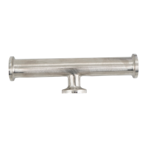 Reducing Tee, 0.75-inch x 0.5-inch, Tri-Clamp short branch, made of 316L stainless steel, 20RA inner diameter surface finish, 32RA outer diameter surface finish, SF1 BPE compliant.