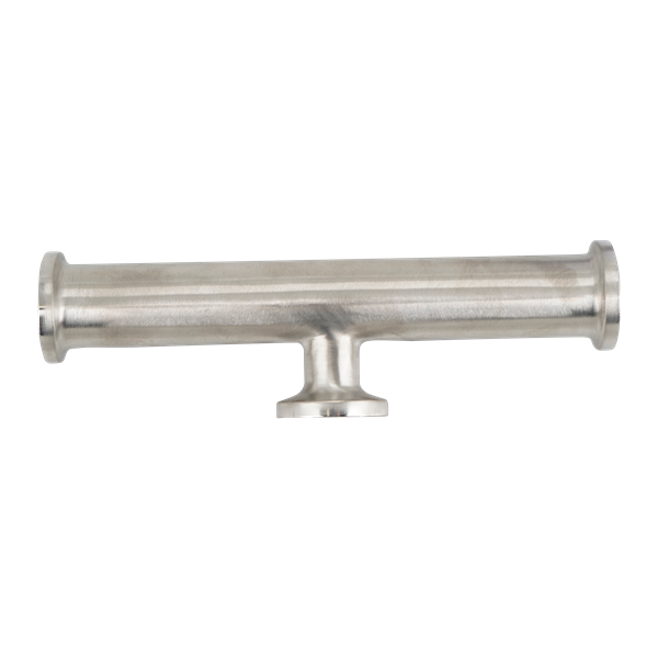 Reducing Tee, 0.75-inch x 0.5-inch, Tri-Clamp short branch, made of 316L stainless steel, 20RA inner diameter surface finish, 32RA outer diameter surface finish, SF1 BPE compliant.