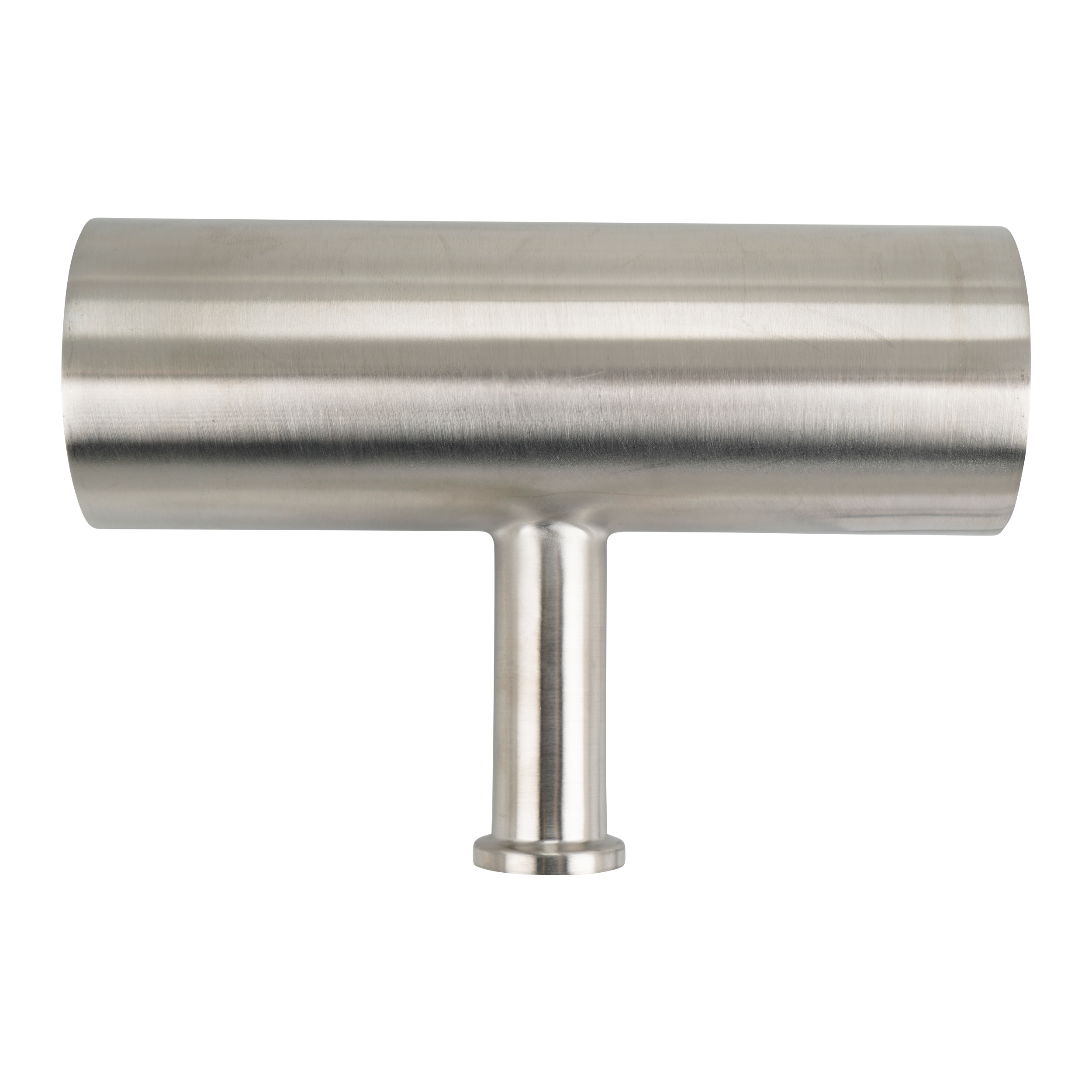 Reducing Tee, 2-inch x 0.75-inch, Tri-Clamp branch, made of 316L stainless steel, 20RA internal surface finish, 32RA external finish, SF1 BPE compliant.