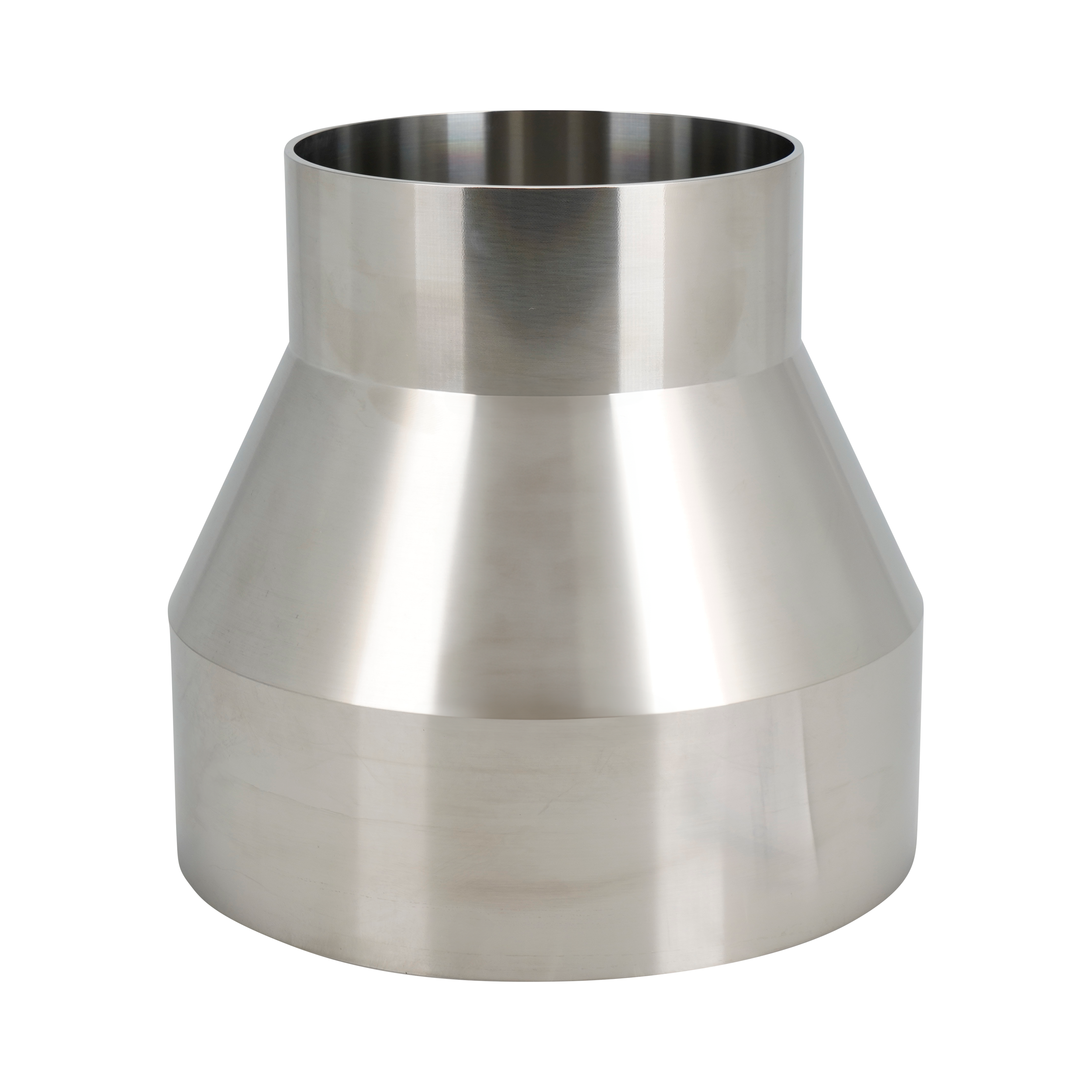 Concentric reducer with dimensions 6-inch x 4-inch butt weld, made from 316L stainless steel, 5.625-inch overall length, featuring a 20RA internal finish and a 32RA outer finish, SF1 BPE compliant.