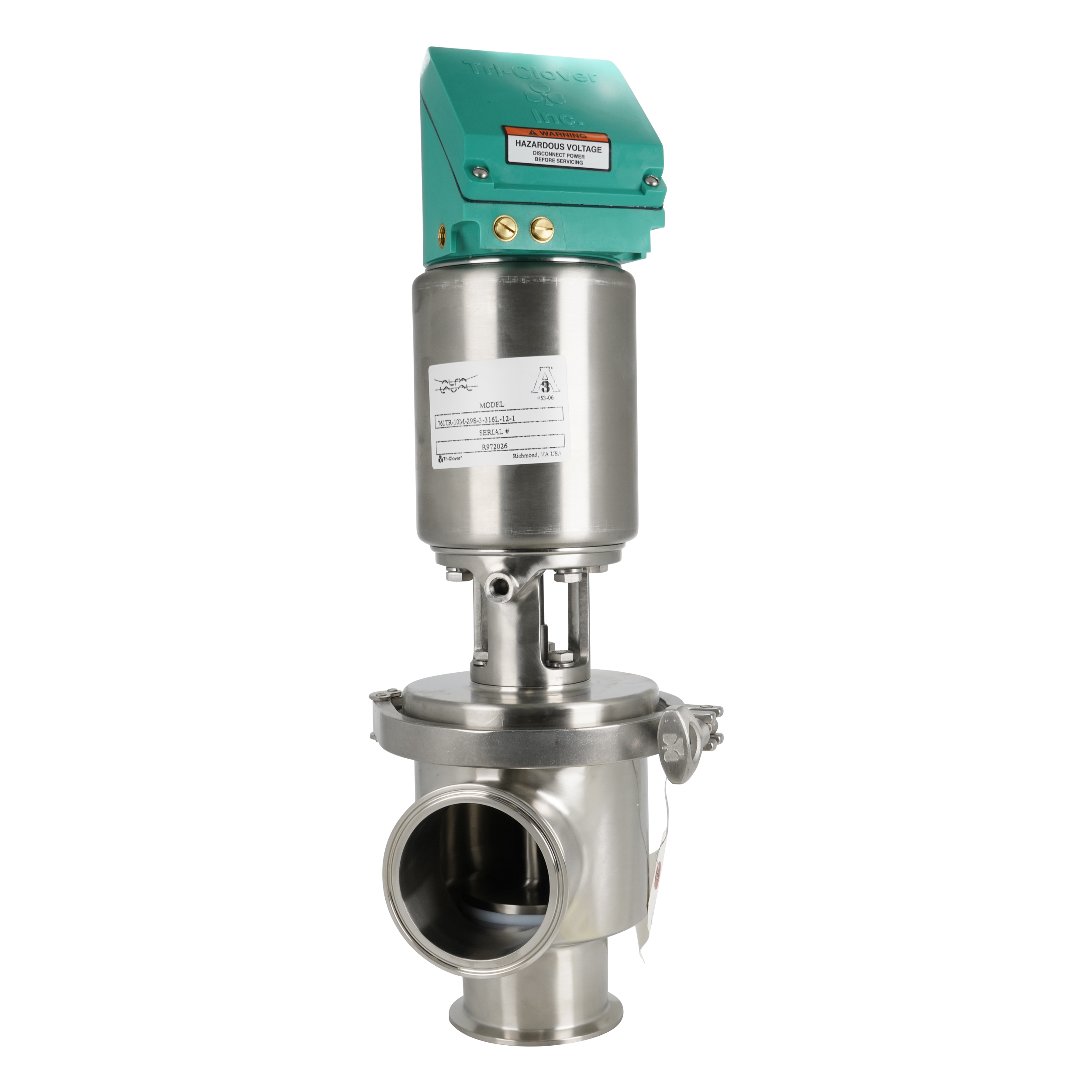 Shutoff valve 3" tri-clamp, normally closed, 2 proximity switches, 0 solenoid